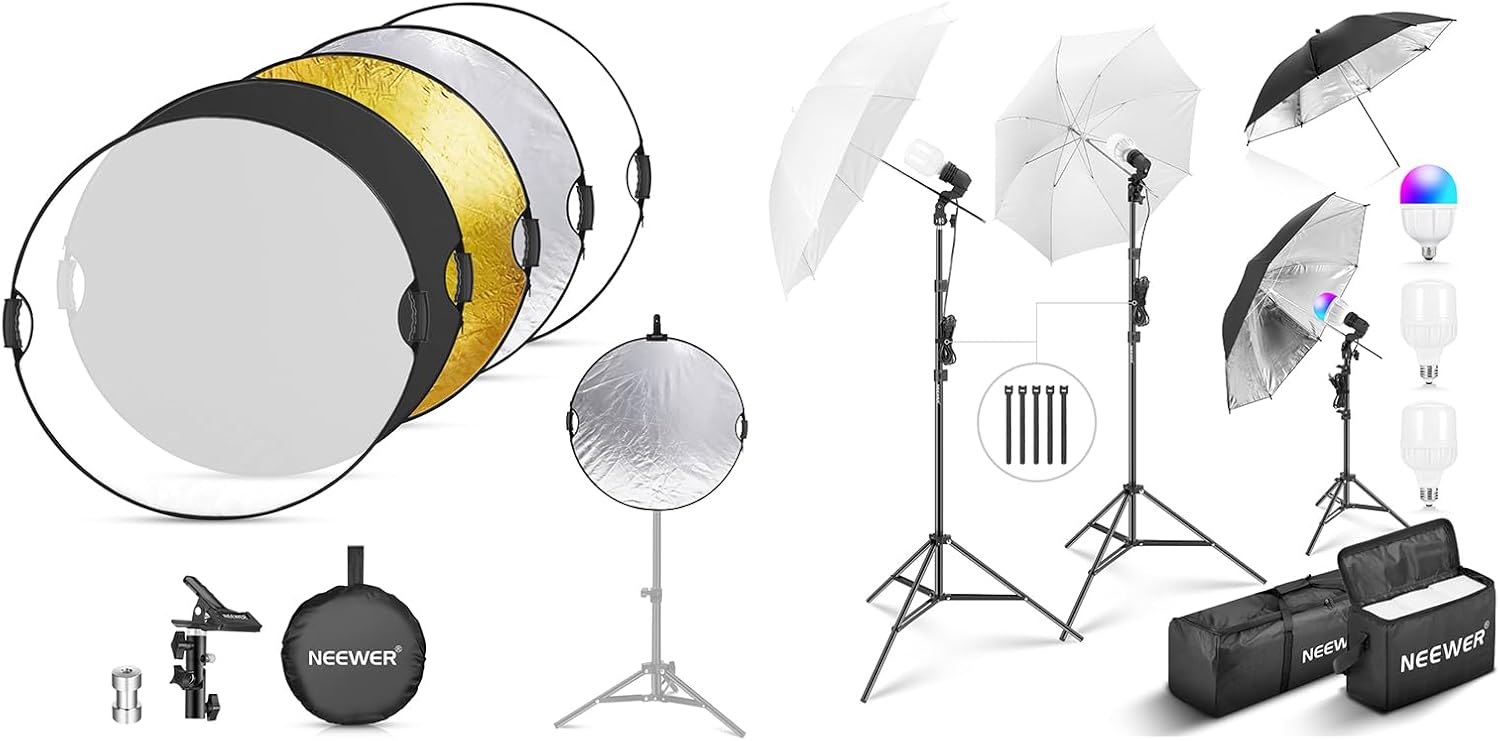 NEEWER RF-80II 32"/80cm Light Reflector with Clamp & Hand Grips, 5 in 1 Collapsible Reflector Translucent Silver Gold White Black for Studio Outdoor Lighting, NK501 400W Photography Light Kit Included