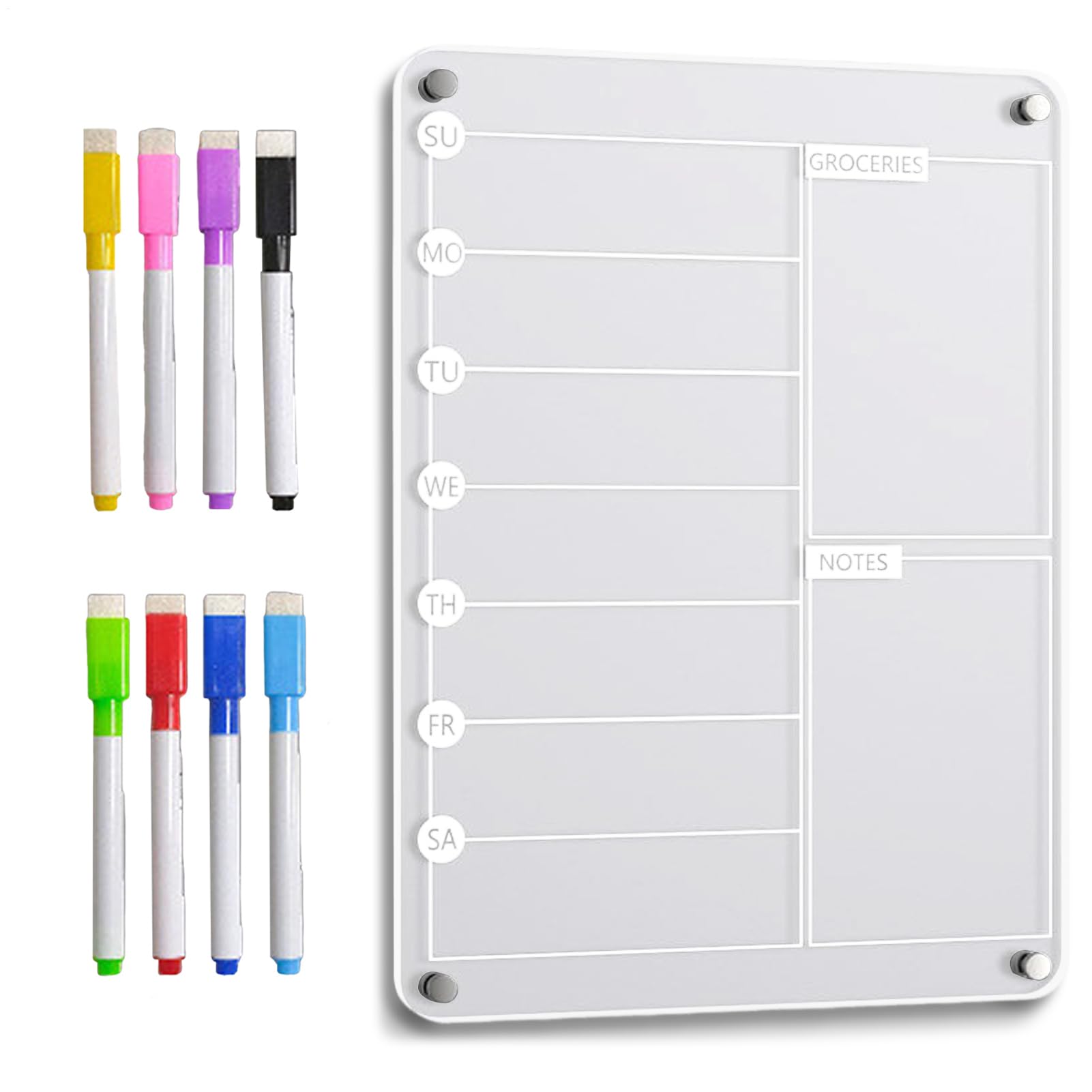 Acrylic Meal Planner Magnetic Board with 8 Markers, Reusable Weekly Noteboard for Refrigerator Grocery List Kitchen Organization