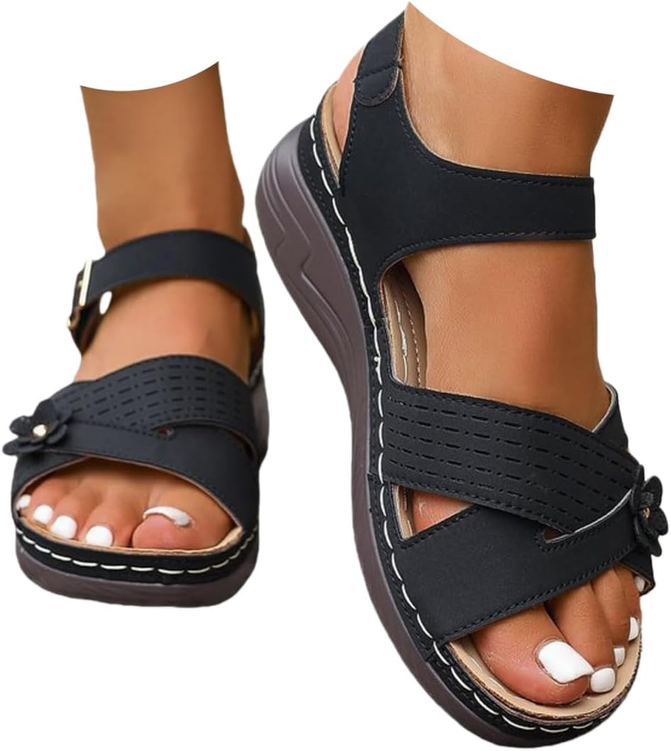Orthopedic Wide Sandals for Women 2026 Dressy Strappy Arch Support Flat Wedge Sandals Women Open Toe Ankle Strap Comfortable Platform Slip-On Walking Shoes for Summer Beach Casual