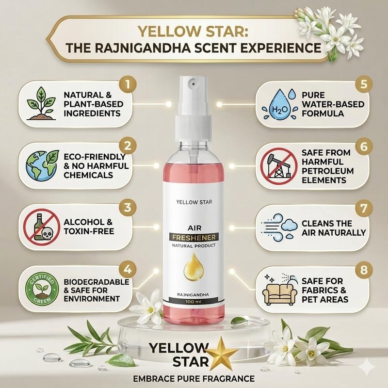 Image of YELLOW STAR Room Air Freshener Spray, Rajnigandha Fragrance (100ml) | Long Lasting Tuberose Floral Room Freshener for Home & Pooja Room | Odour Neutralizer