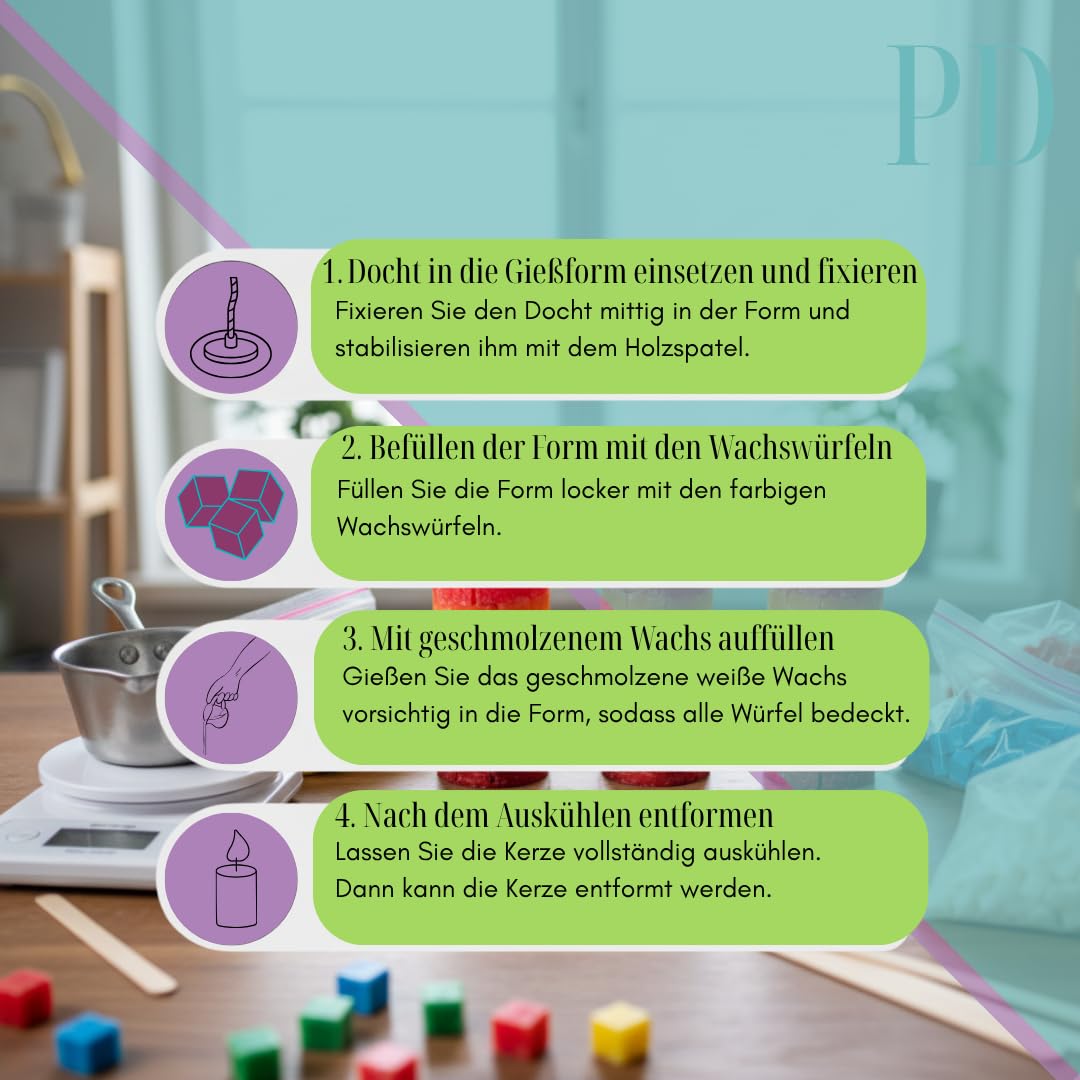 PD mach's selbst PAUL & DANIELA Kerzen gießen Set, bis zu 20Kerzen, 2,2 kg Wachs zum gestalten, Kerzen selber machen, Wachswürfel, Kerzenwachs Set, Wachsreste, Kerzenfresser und Dauerbrenner
