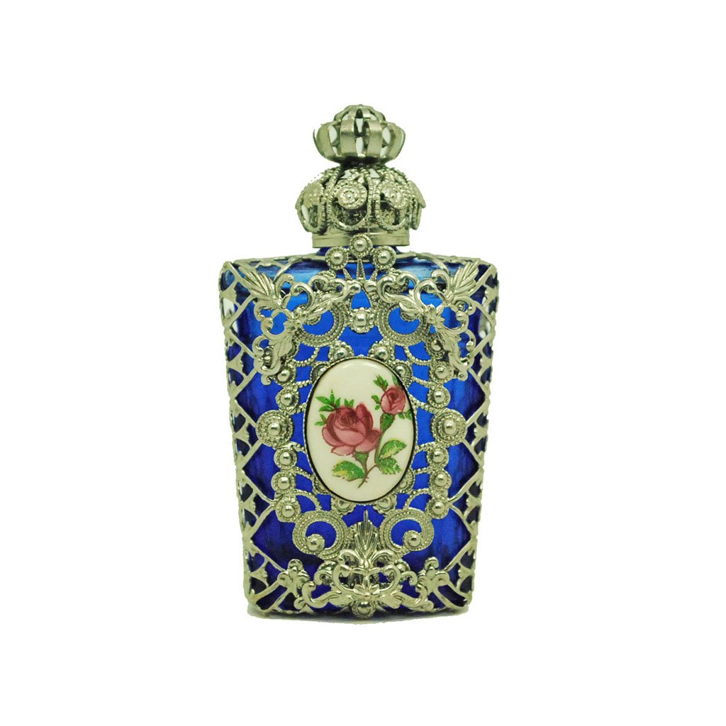 Czech Jeweled Decorative Blue w/ Ceramic Hand-painted Flower Perfume Oil Bottle Holder