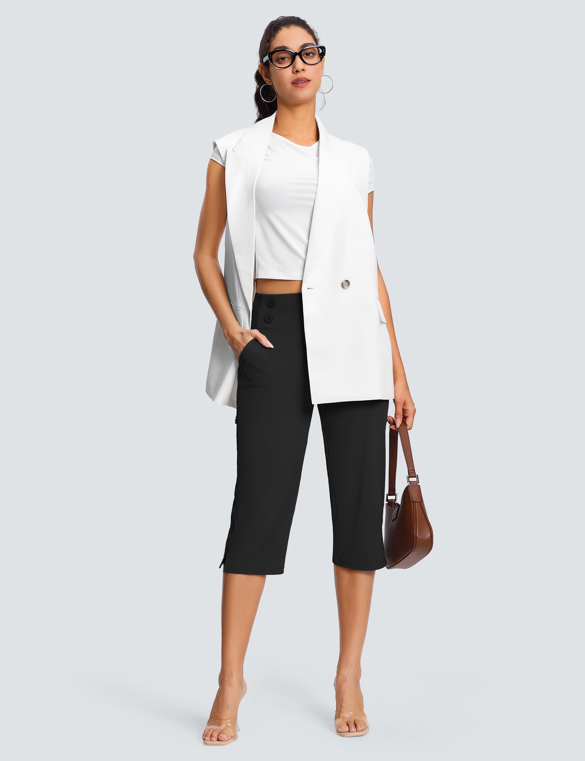 ISEE Pantaloni capri da golf da 45,7 cm, a vita alta, elasticizzati, da donna, con tasche, estivi, da lavoro, casual