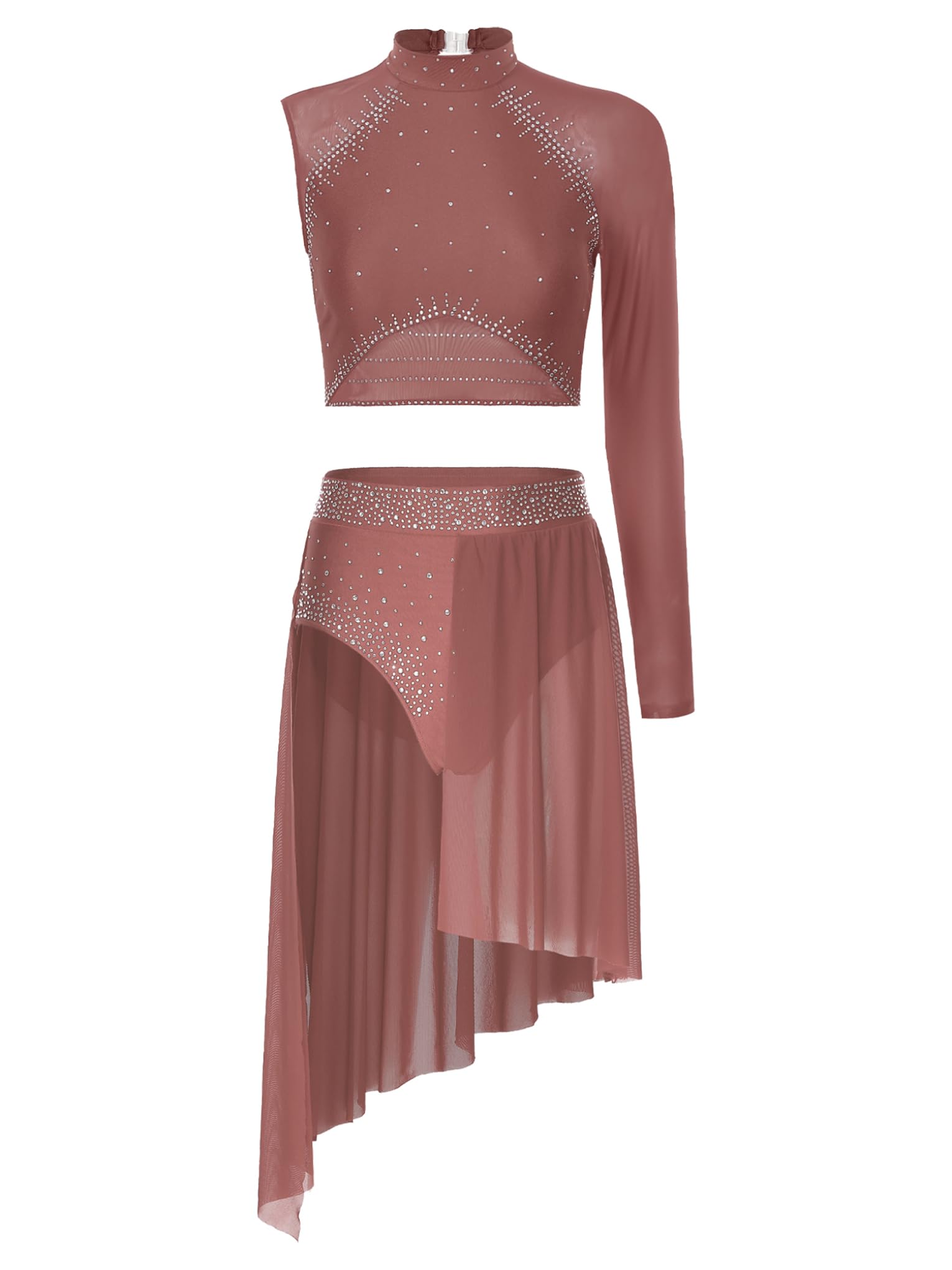 Jan Jean Lyrical Dance Costume for Women Sheer Mesh Crop Top with Shiny Rhinestones Gymnastics Skirted Dustypink Small