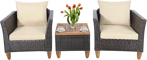 COSTWAY Juego de muebles de ratán para patio al aire libre, 3 piezas, mesa de madera, sofá acolchado, color beige