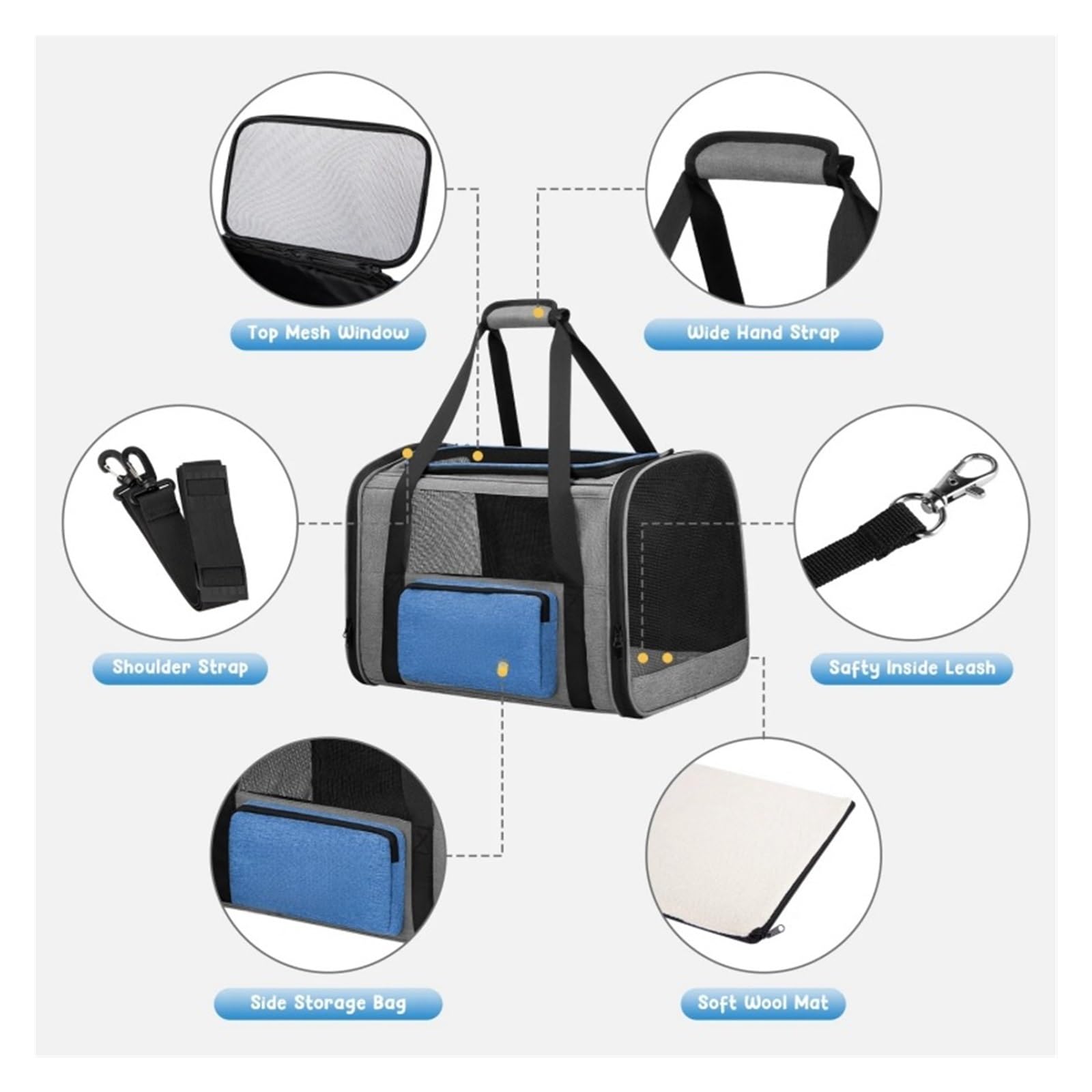 Transportín para Gatos Blando Plegable Ligero Antifugas Ventilado para Coche/Veterinario/Viaje para Gatos/Perros de hasta 22libras(Gray with Blue)