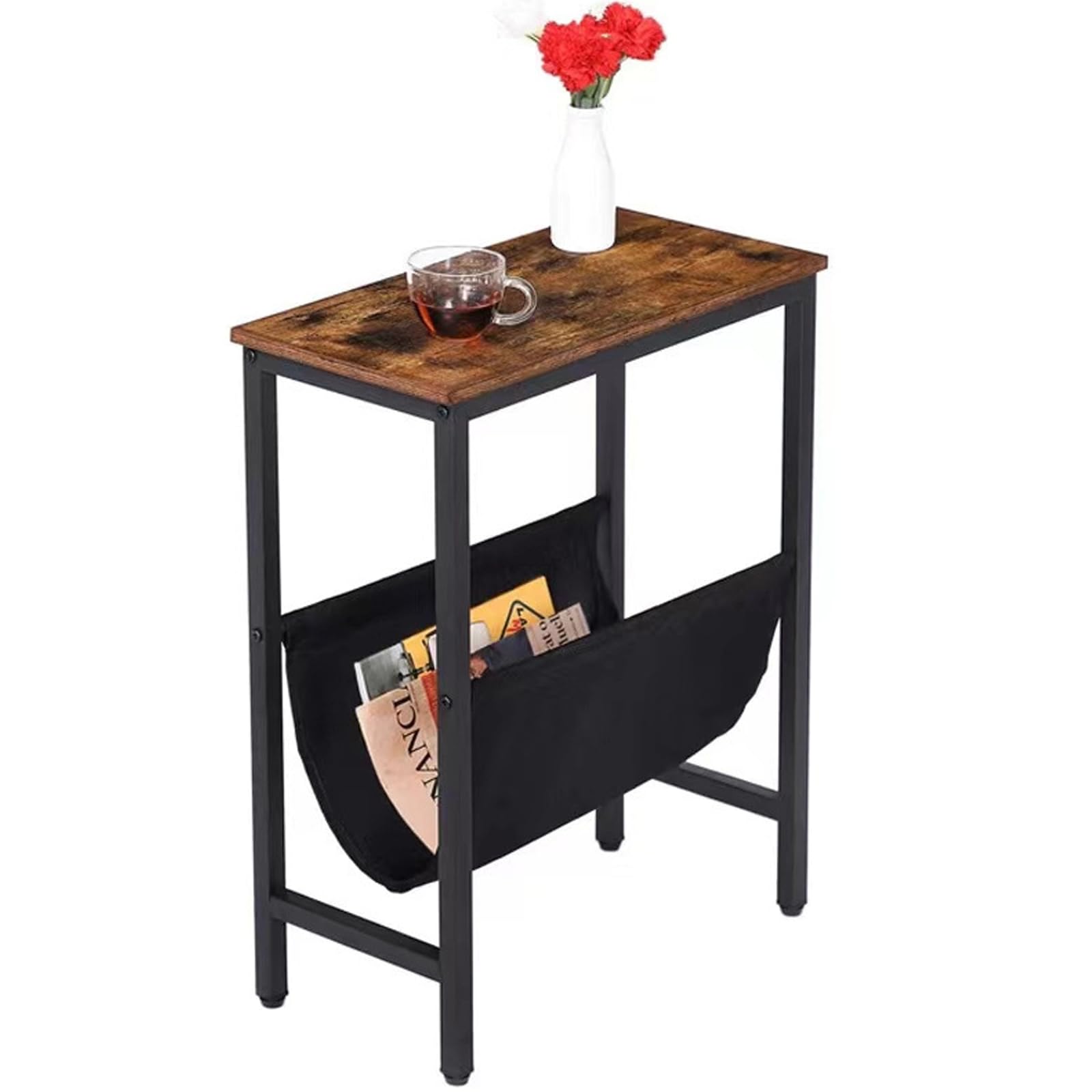 DXDRT Small Side Tables for Small Spaces,Narrow End Table with Storage Pouch,Slim Skinny Bedside Table with Magazine Holder for Living Room,Bedroom