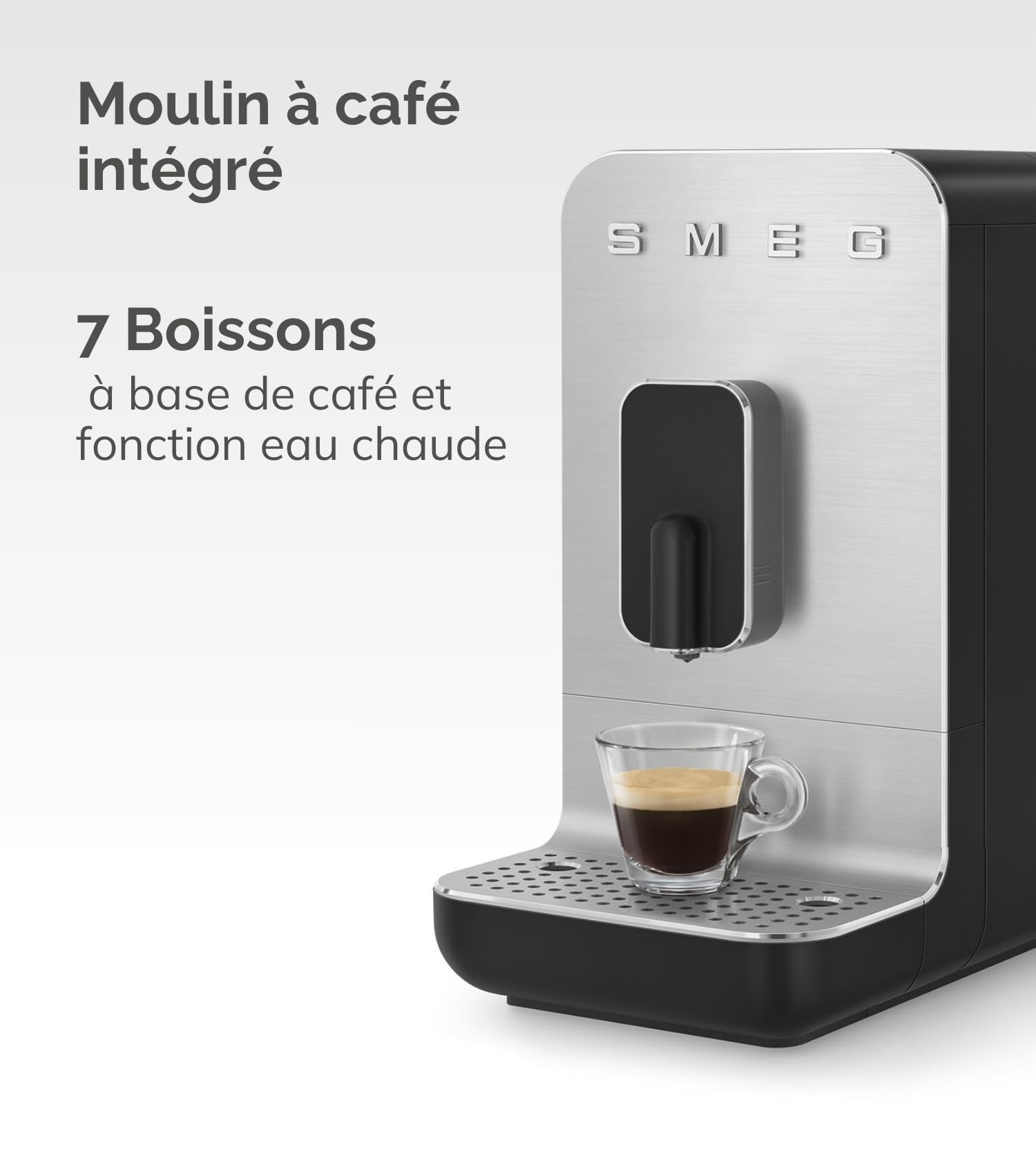 Smeg, Machine à Café Expresso Automatique BCC11BLMEU, Broyeur à grain intégré, Système Thermoblock, Réservoir d'Eau 1,4 L, Bac Récupérateur Amovible, Dimensions Compactes, 1350W, Noir