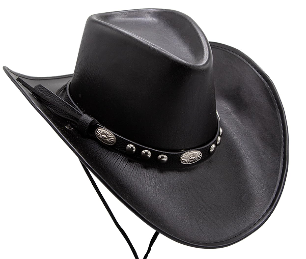 Wicked Costumes Black Faux Leather Cowboy Hat for Men & Women – Western Rodeo Hat with Adjustable Chin Cord for Festivals, Country Music & Fancy Dress