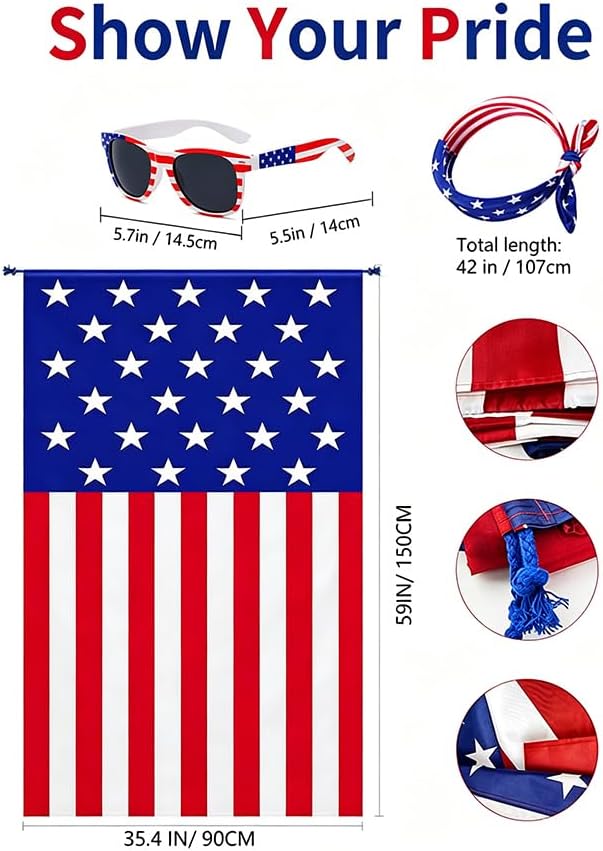 3Pcs America’s 250th 4th of July Patriotic Costume Set, American Flag Cape, Novelty Sunglasses & Flag Headband, Unisex for Men Women Parade Halloween Party Accessories