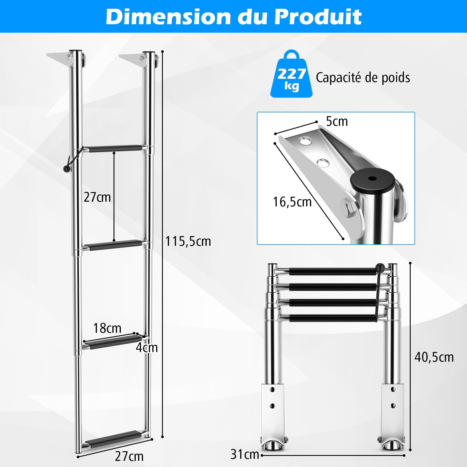 GOPLUS Échelle de Bateau Ponton Télescopique à 4 Marches en Acier Inoxydable, Plateforme de Natation avec Marches, Échelle Extensible Pliante pour Ponton, Bateau, Yacht Charge 227KG