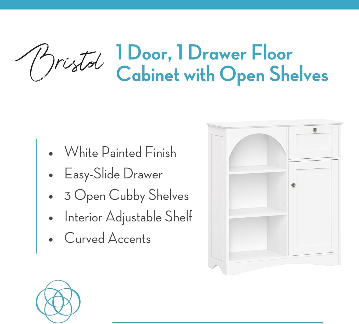 RiverRidge Bristol Bathroom Storage Cabinet with Single Door & Drawer - White Organizer with Adjustable Shelves & Arched Design