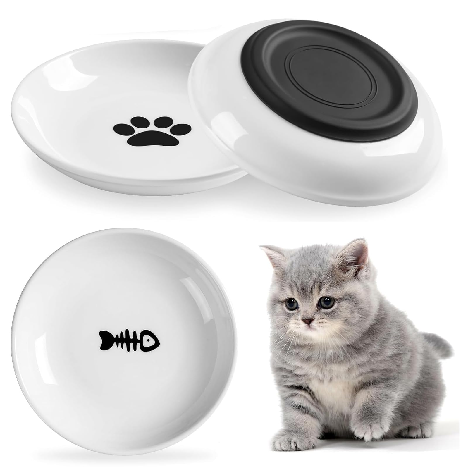 Pavlleen Ciotole per gatti in ceramica, Piatto Cibo Gatto Set di 3, con base in gomma antiscivolo, Ciotola Piatta Gatti per Alleviare l'affaticamento Dei Baffi, per gatti e piccoli animali