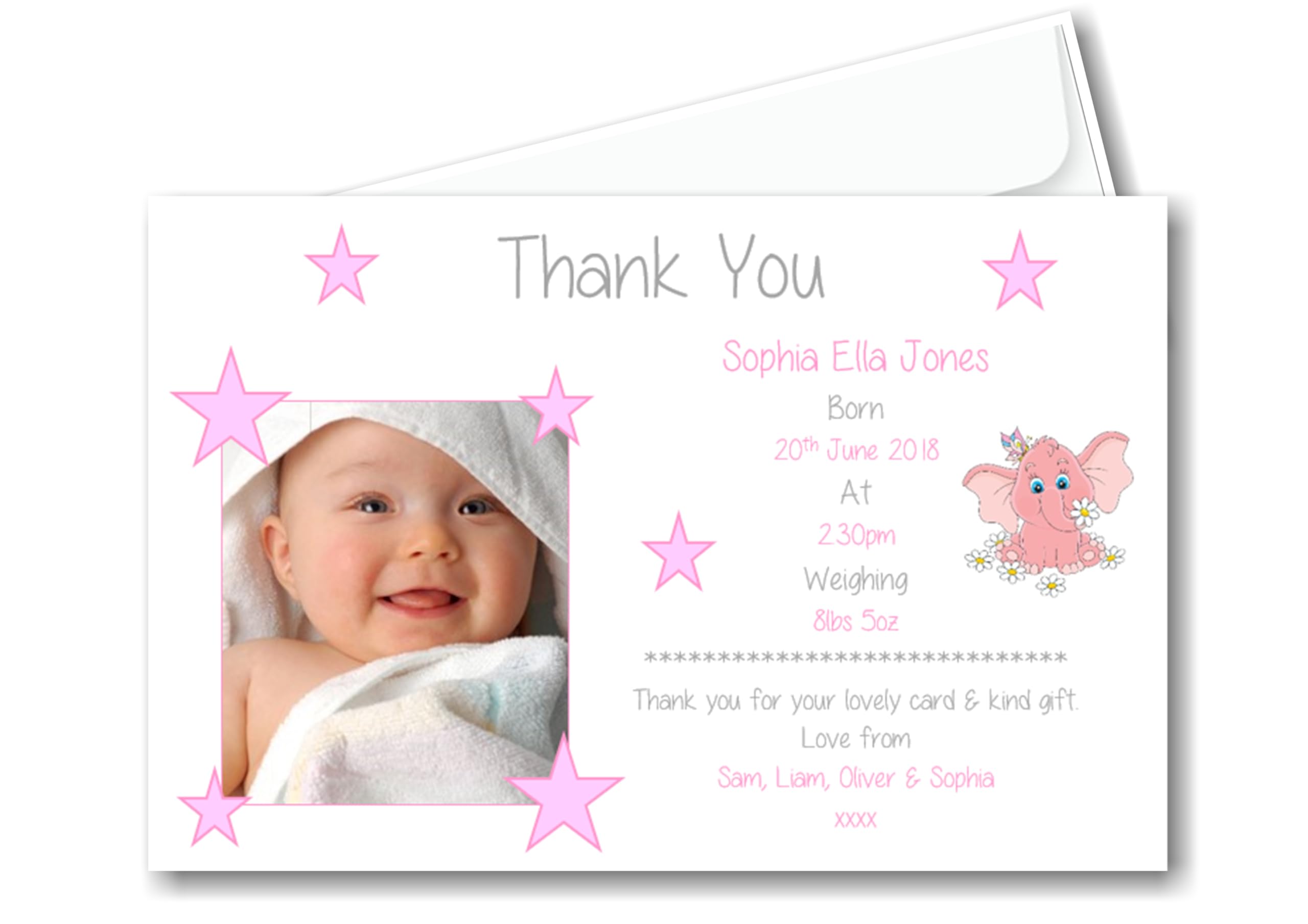 Personalised Girls Baby Thank You, Thankyou Cards, Cards, Baby Announcement Cards With Self Seal Envelopes Ref TY8 (30)