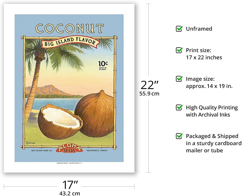 Coconut - Aloha Seeds - Big Island Seed Company - Big Island Flavor - Vintage Seed Packet by Kerne Erickson - Bamboo Fine Art 290gsm Paper (Unframed) 17x22in