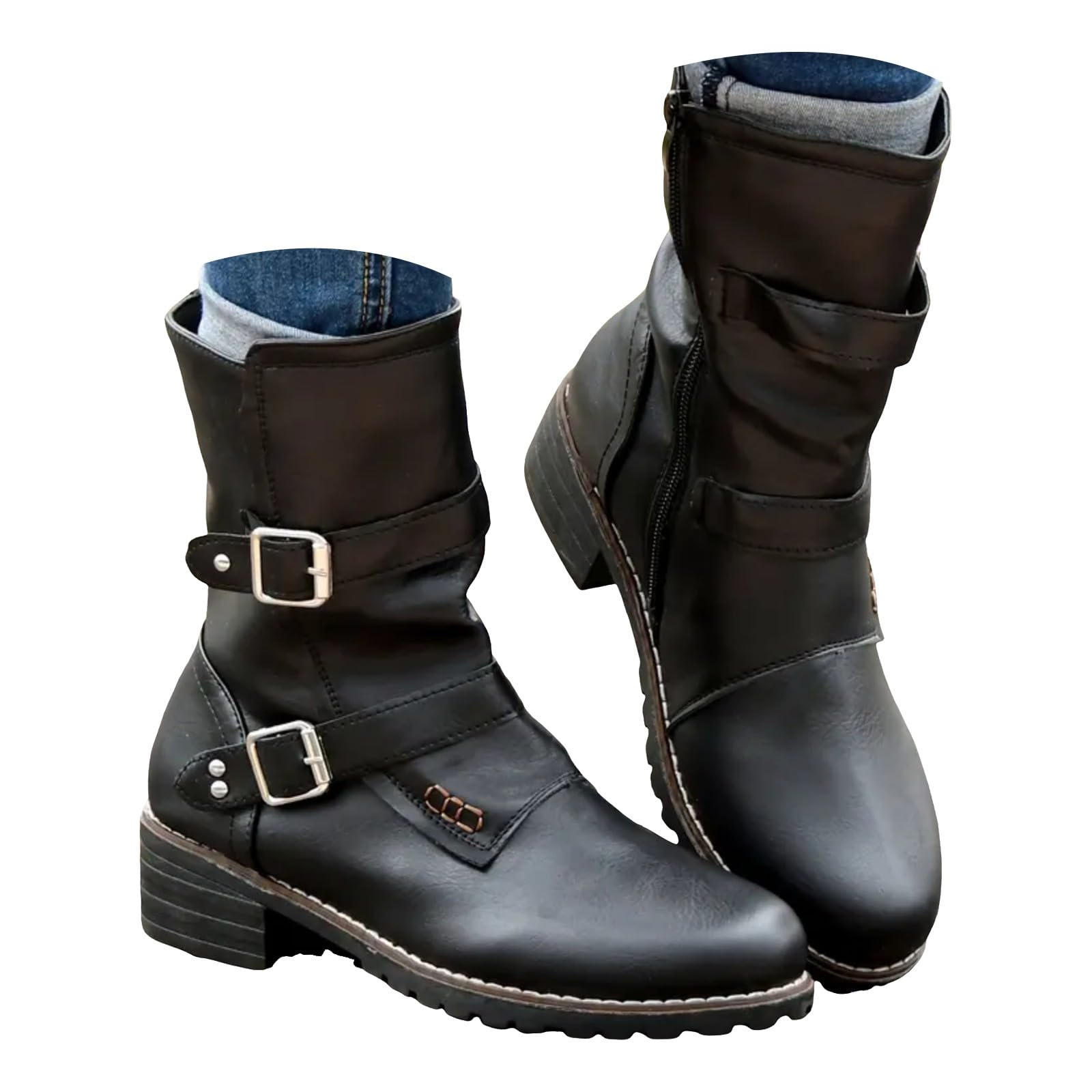 Womens Mid Calf Boots Slouchy Round Toe Chunky Low Heel Riding Boots with Side Zipper Fashion Buckle Strap