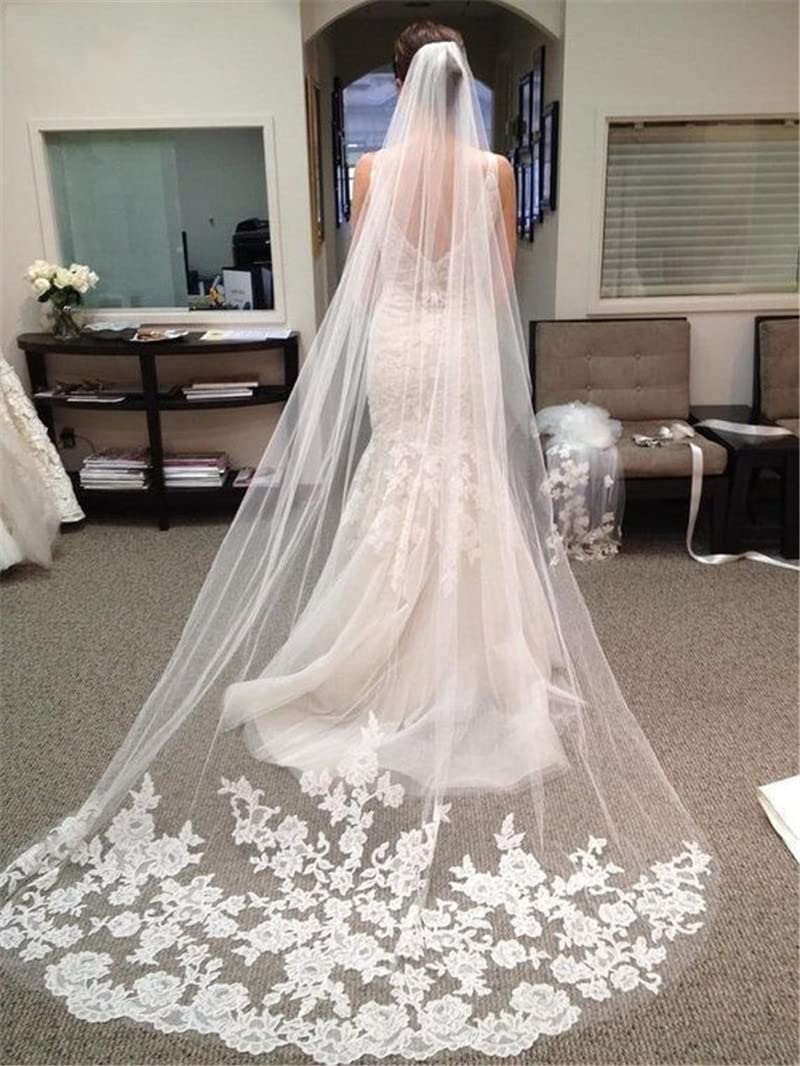 TEWAX Bridal Cathedral Veils Wedding Blusher Veils 1 Tier Long Lace With White Comb/Bridal Ivory Wedding Veil Custom Made