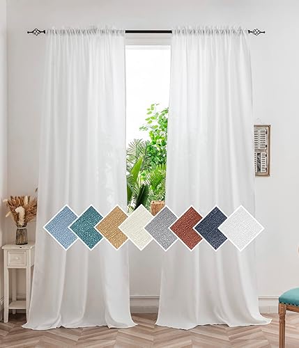 Yancorp Cortinas blancas de 84 pulgadas de largo para sala de estar, 2 paneles de lino con textura, juego de cortinas semitransparentes filtrantes