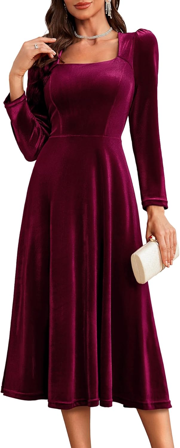 BeryLove Women Velvet Dress Cocktail Party Evening Dresses Long Sleeve Wedding Guest Formal Dresses