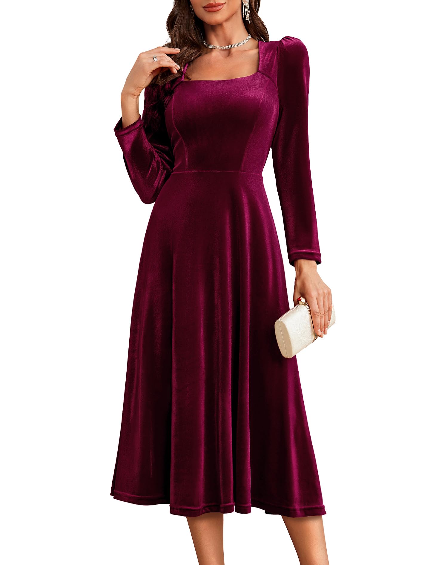 BeryLove Women Velvet Dress Cocktail Party Evening Dresses Long Sleeve Wedding Guest Formal Dresses