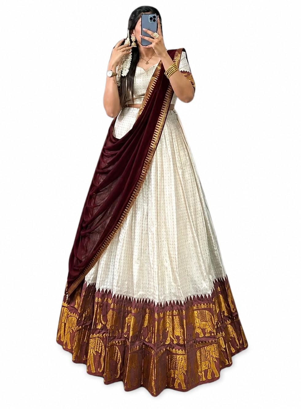 Women's Lehenga Choli Set, DHAVANI SET, Embroidered Border, Traditional Indian Ethnic Wear (MAROON)-image-10
