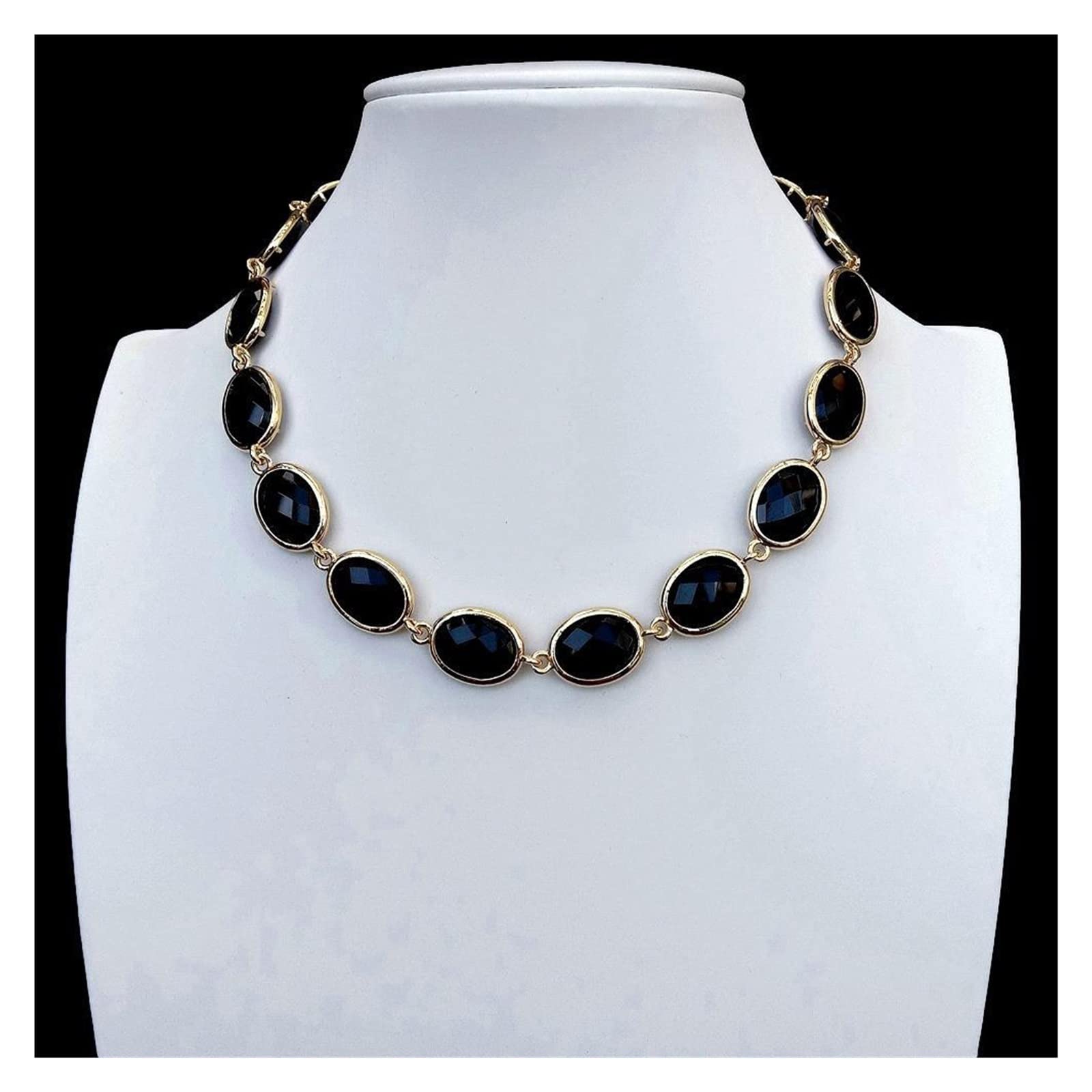 Collar de ónix Negro con Forma Ovalada, Conjunto de Bisel facetado, joyería for Mujer, Regalo de cumpleaños FUzEgRdLI
