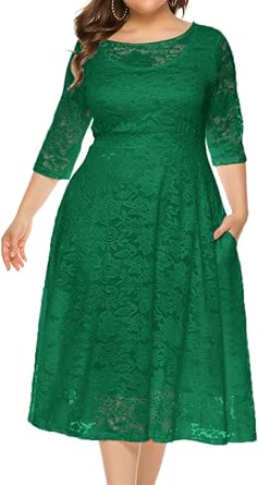 Womens Plus Size Evening Dress Half Sleeves Top Mid-Length Skirt Hollow Lace Pocket Dress