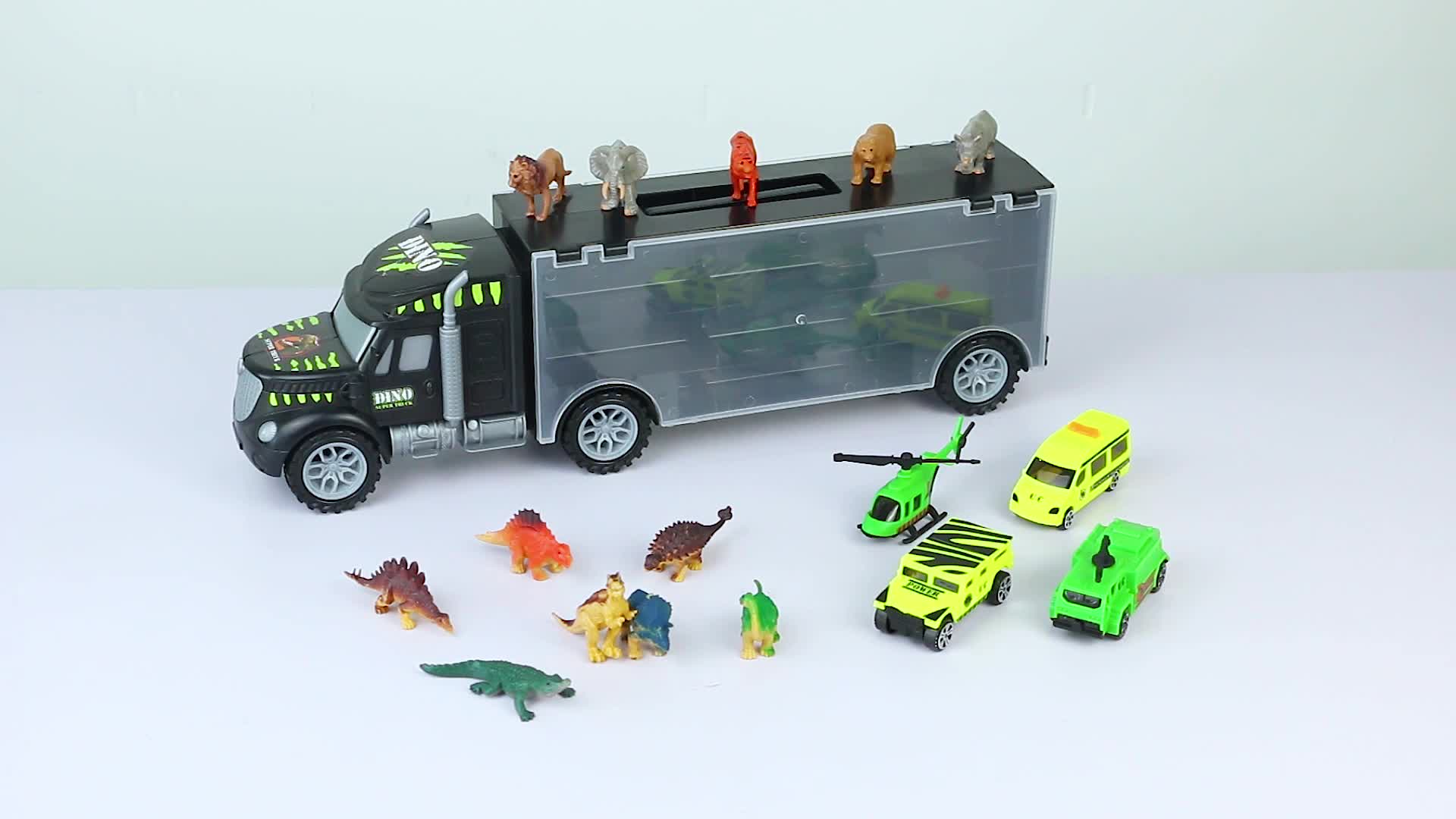 Camion Transporteur Dinosaure Jouet Avec 12 Mini Voitures Et Circuit Pliable 160 Cm - Cadeau Pour Garçons 3-6 Ans