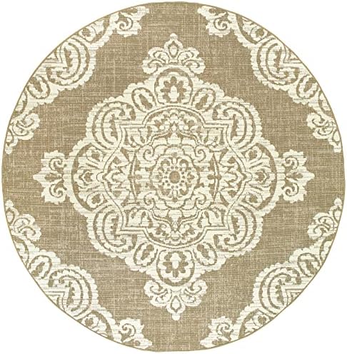 Oriental Weavers Marina Indoor/Outdoor Rug - 5929J - 7'10" Round - in Tan/Ivory - Vintage Bohemian Style, Water, Stain and Fade Resistant, Hose Clean, Patio, Outdoor Living Area Rug