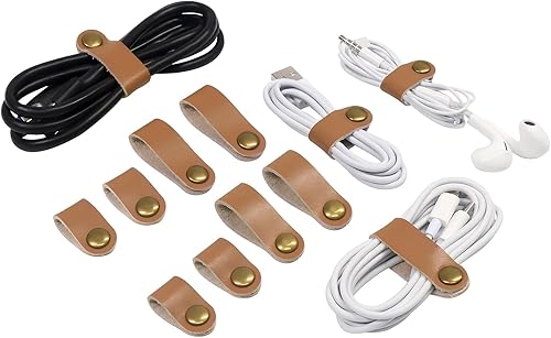Miniatura 1 de Coideal Organizador de bridas de cuero para cables, 20 correas para cables de auriculares, reutilizables, USB, con clips de cable a presión, soporte