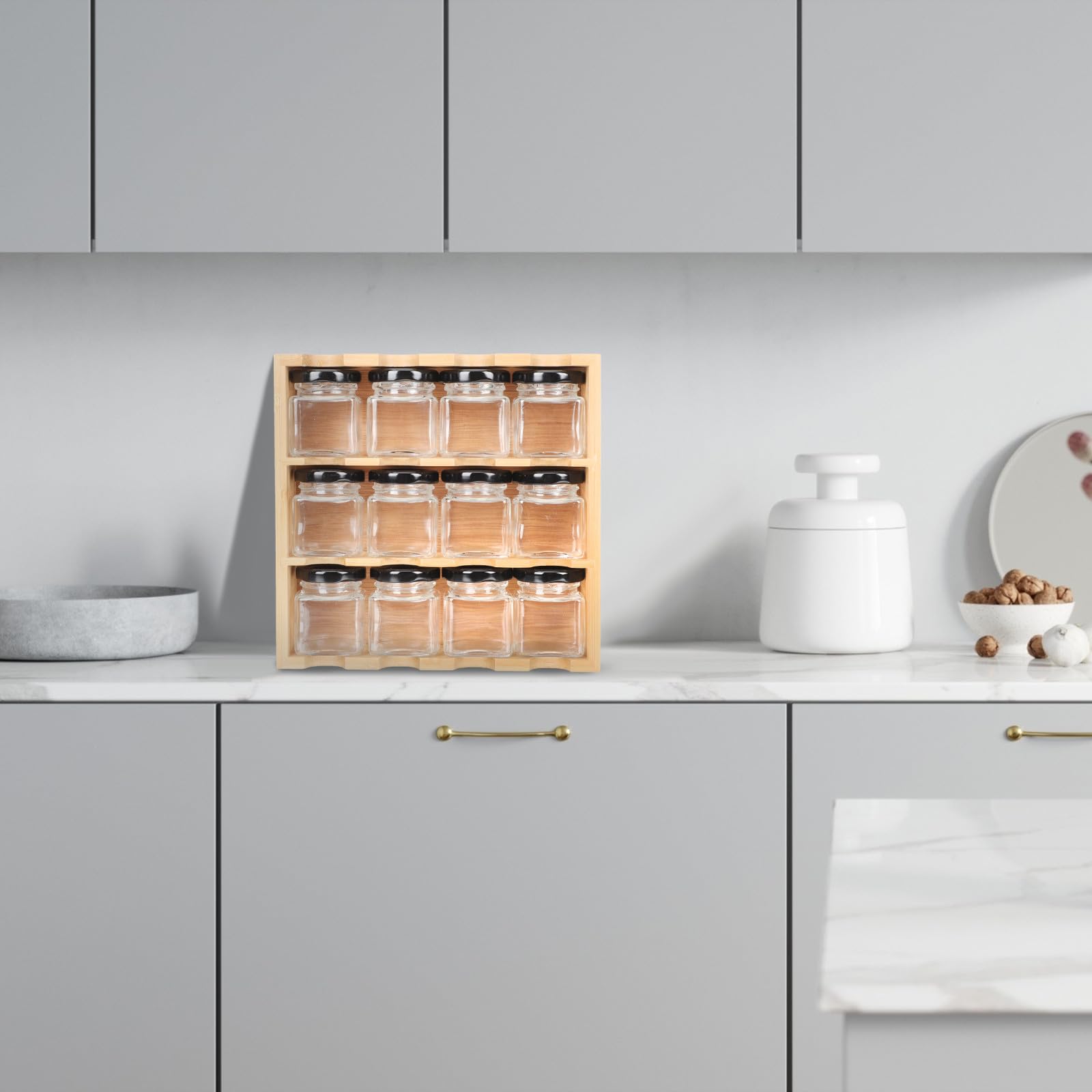 Estante de Especias de Madera 12 Compartimentos, Soporte de Almacenamiento Multiusos para Cocina Estructura de Varias Capas y Gran Capacidad