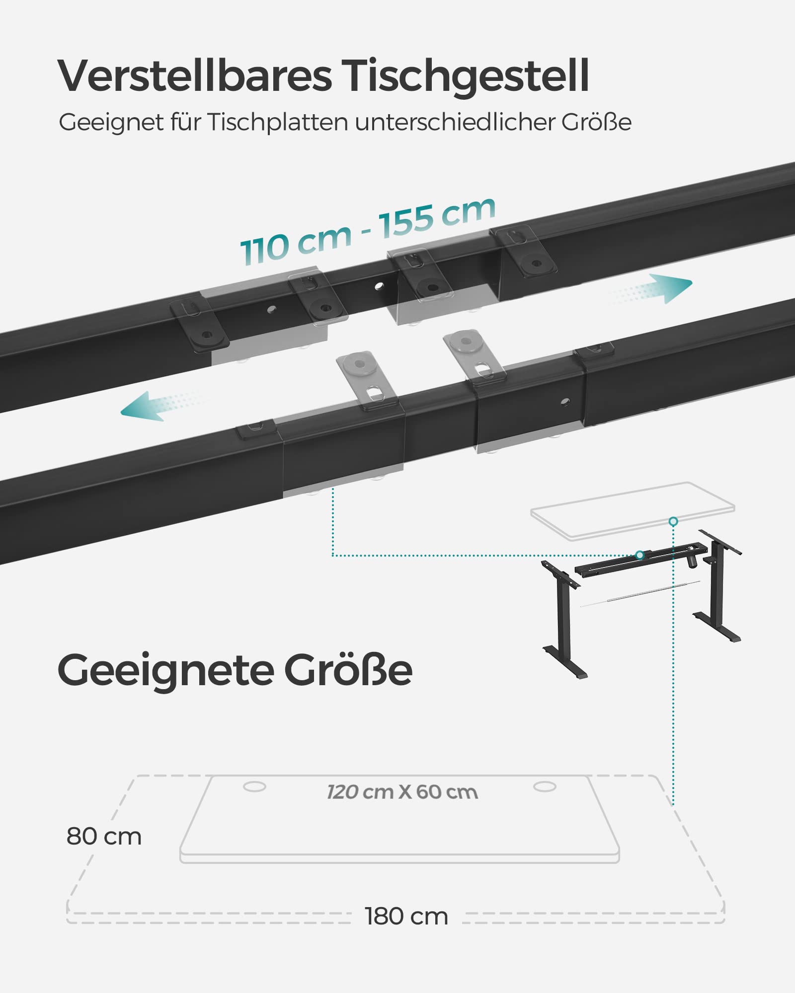 SONGMICS Tischgestell, höhenverstellbar, Schreibtischgestell, elektrischer Schreibtisch, Tischständer mit Motor, Länge verstellbar, Stahl, schwarz LSD010B01