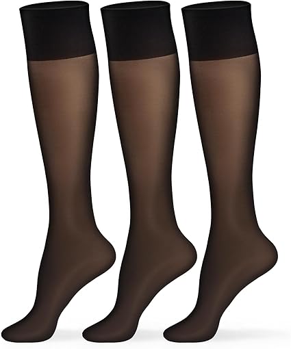 MANZI 3 Pairs Sheer Knee High Stockings for Women 15 Denier Ladies Nylon Knee Highs Trouser Socks