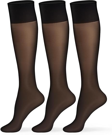 MANZI 3 Pairs Sheer Knee High Stockings for Women 15 Denier Ladies Nylon Knee Highs Trouser Socks