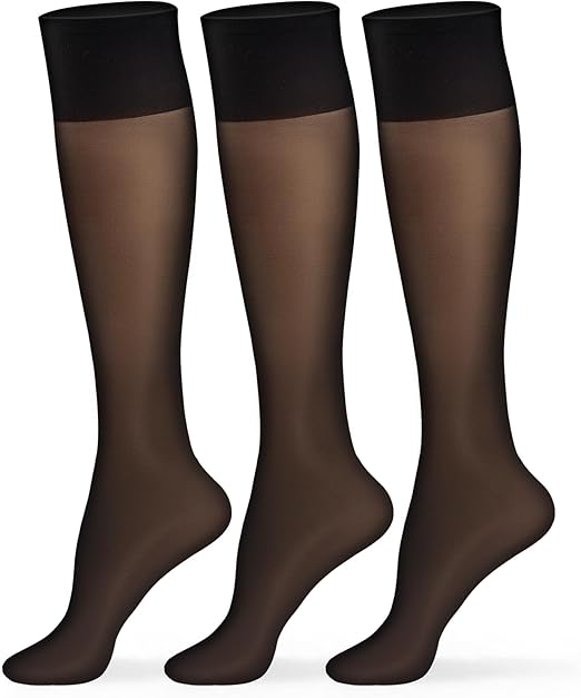 MANZI 3 Pairs Sheer Knee High Stockings for Women 15 Denier Ladies Nylon Knee Highs Trouser Socks