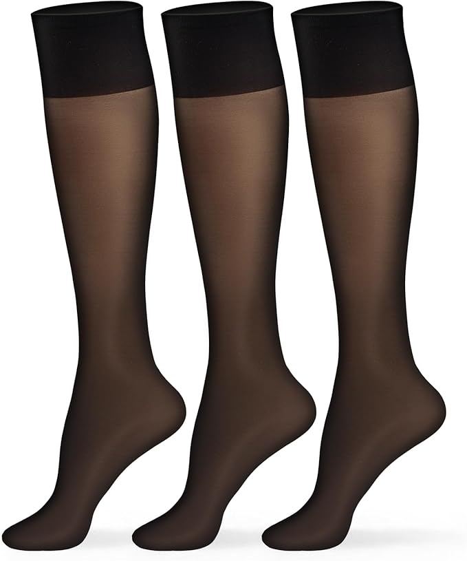 MANZI 3 Pairs Sheer Knee High Stockings for Women 15 Denier Ladies Nylon Knee Highs Trouser Socks