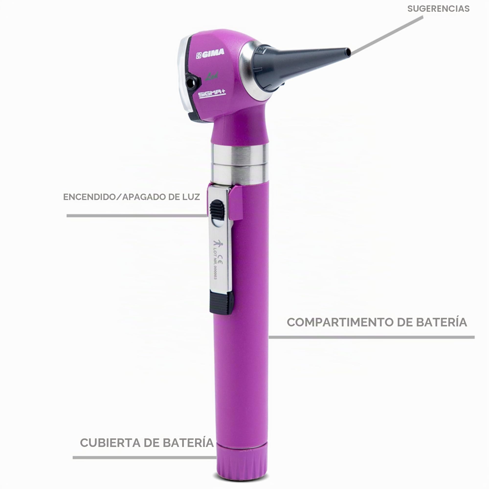 GIMA Otoscopio SIGMA C con luz LED, en bolsita portable para utilización, Otoscopio con ampliación, para ORL, Oftalmología, Niños, Adultos, Animales Domésticos (Violeta) + 14 espéculos, violeta