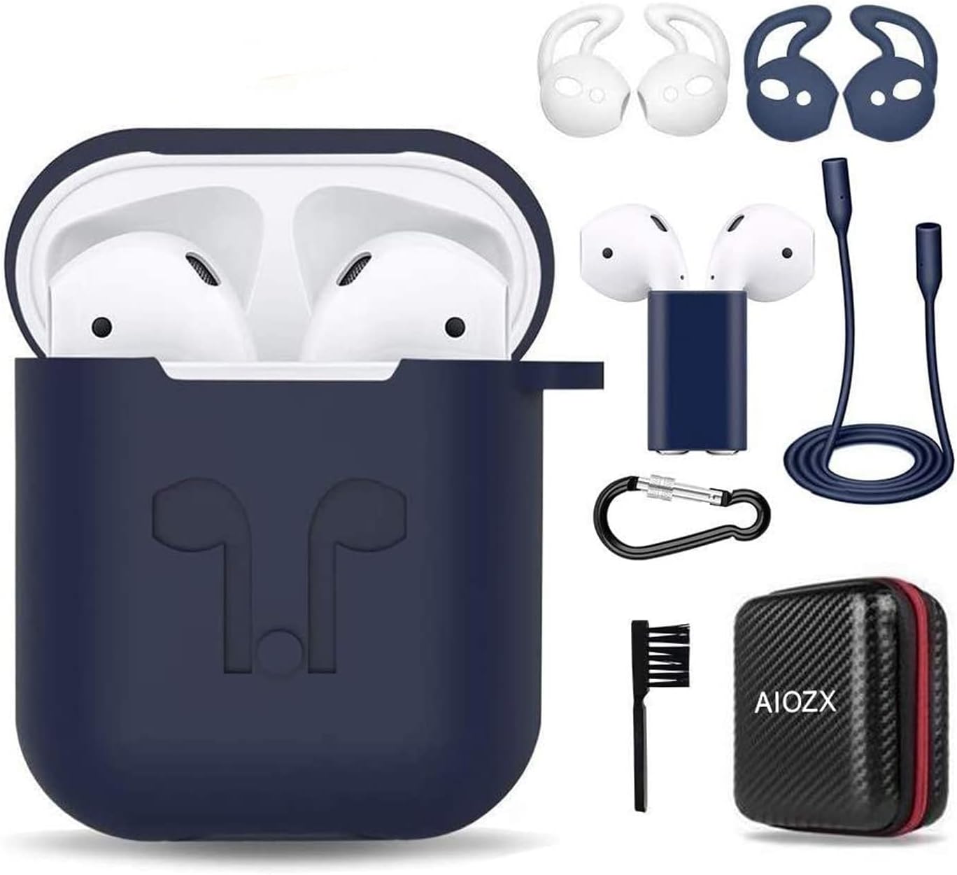 Case for Airpods, Silicone AirPods 2 & 1 Accessories Set Protective Cover, Skin for AirPods Charging Case, Airpods Strap/Airpods Ear Hooks/Holder/Keychain/Carrying Box(Blue)