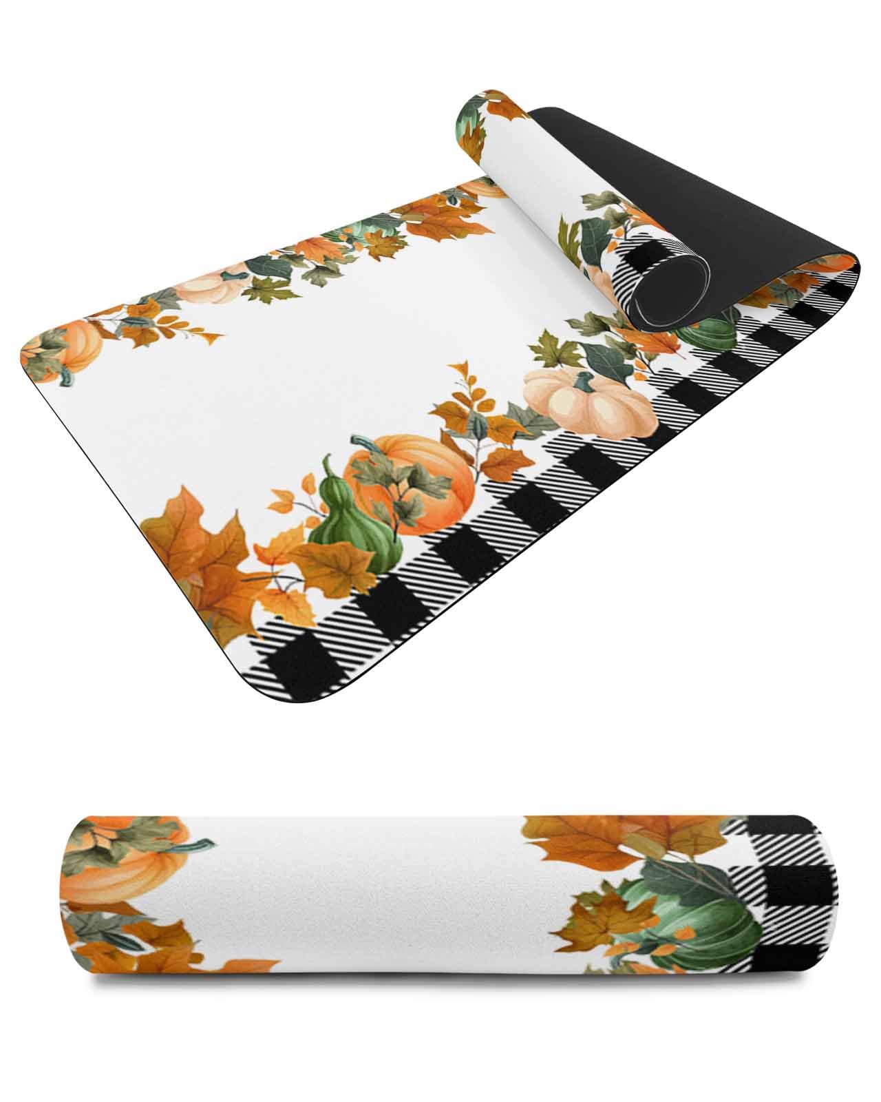 Debedcor Heat Proof Table Pads Waterproof Decorative, Orange Green Pumpkin Fall Non-Slip Table Countertop Protector, Thanksgiving Leaf Black Plaid Insulation Mat for Dining Room, 48 x 12 Inches