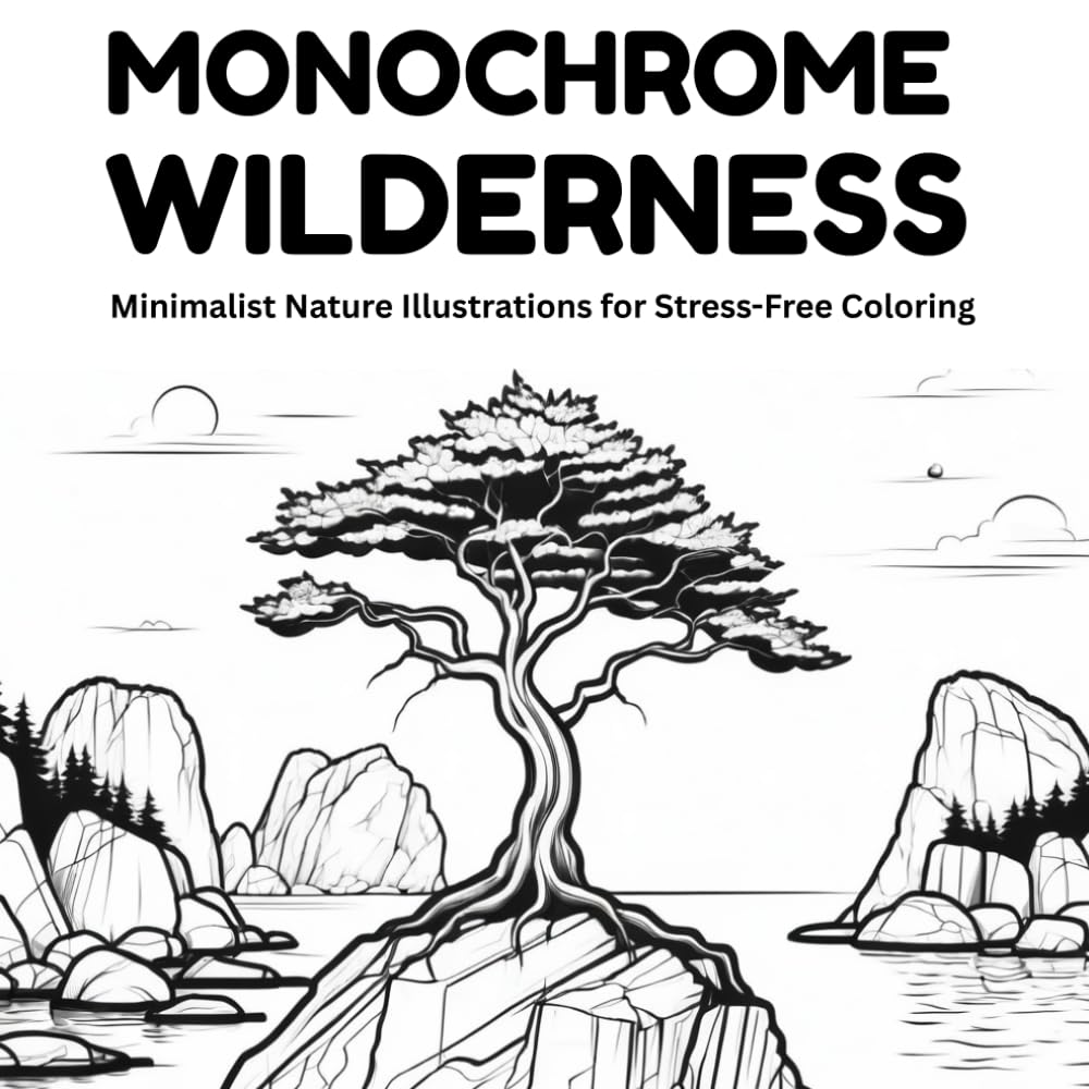 MONOCHROME WILDERNESS: Bold and Easy Coloring Book for Adults: Minimalist Nature Scenes for Stress Relief, Mindless Marker Art and One Color Ink Therapy
