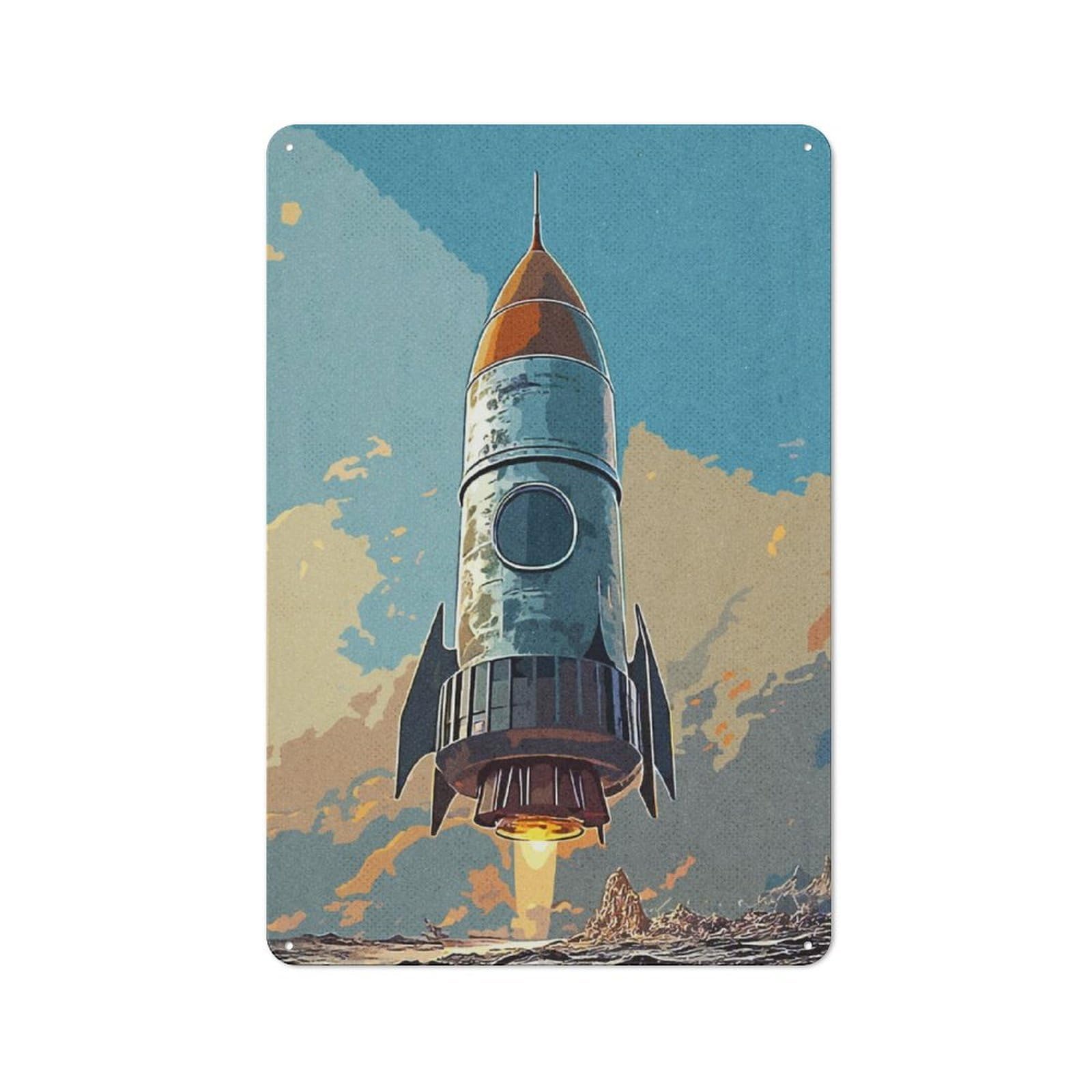 Vintage Tin Sign 30x20cm with Vintage Rocket for Living Room Or Hallway, for Living Room Decor Lovers