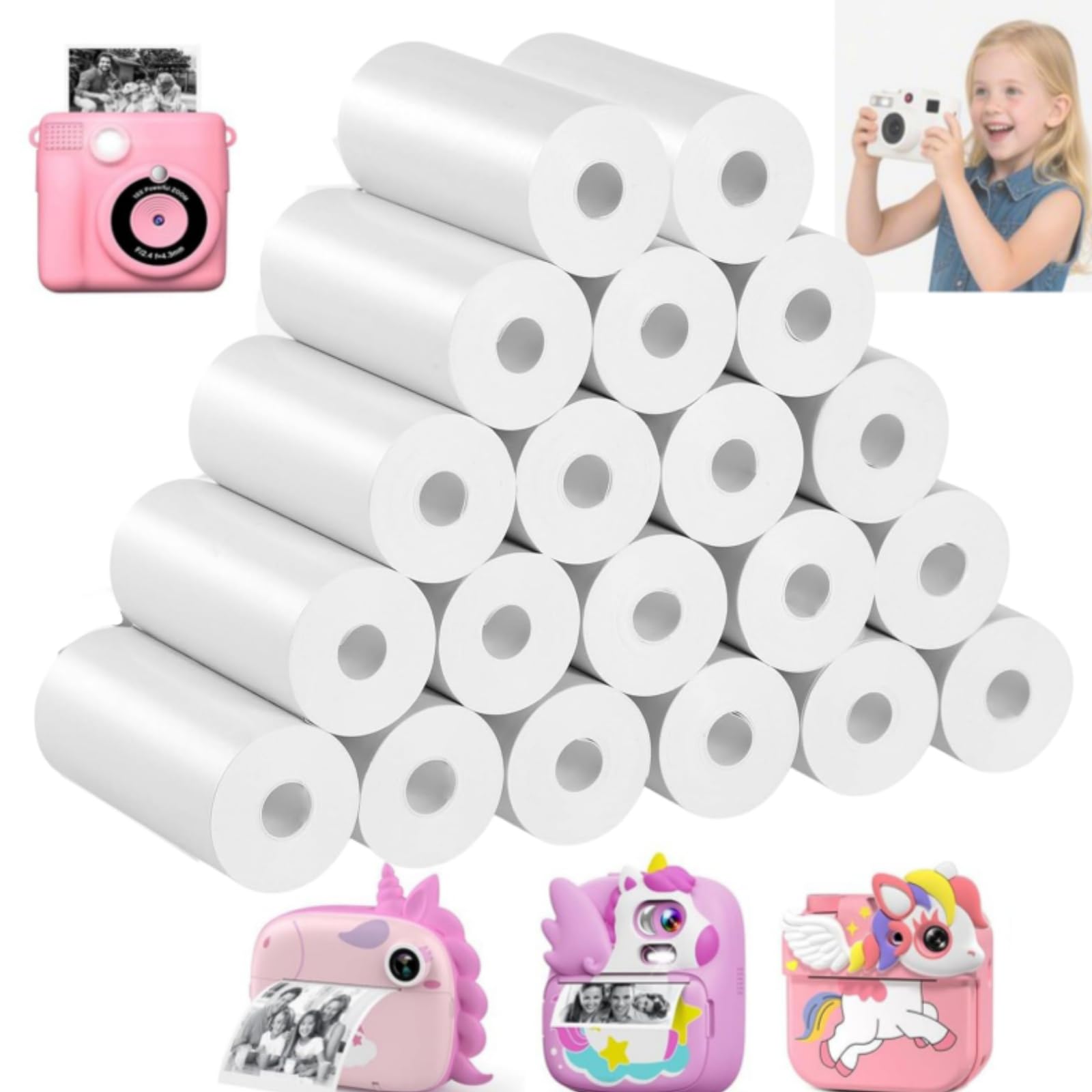 15/20 Rolls Kids Camera Paper Roll, 57 x 25 mm Thermal Paper, Zero Ink Printing, Easy to Replace, Thermal Printer Paper, BPA-Free Refill Paper Compatible with Mini and Kids Printers (20)