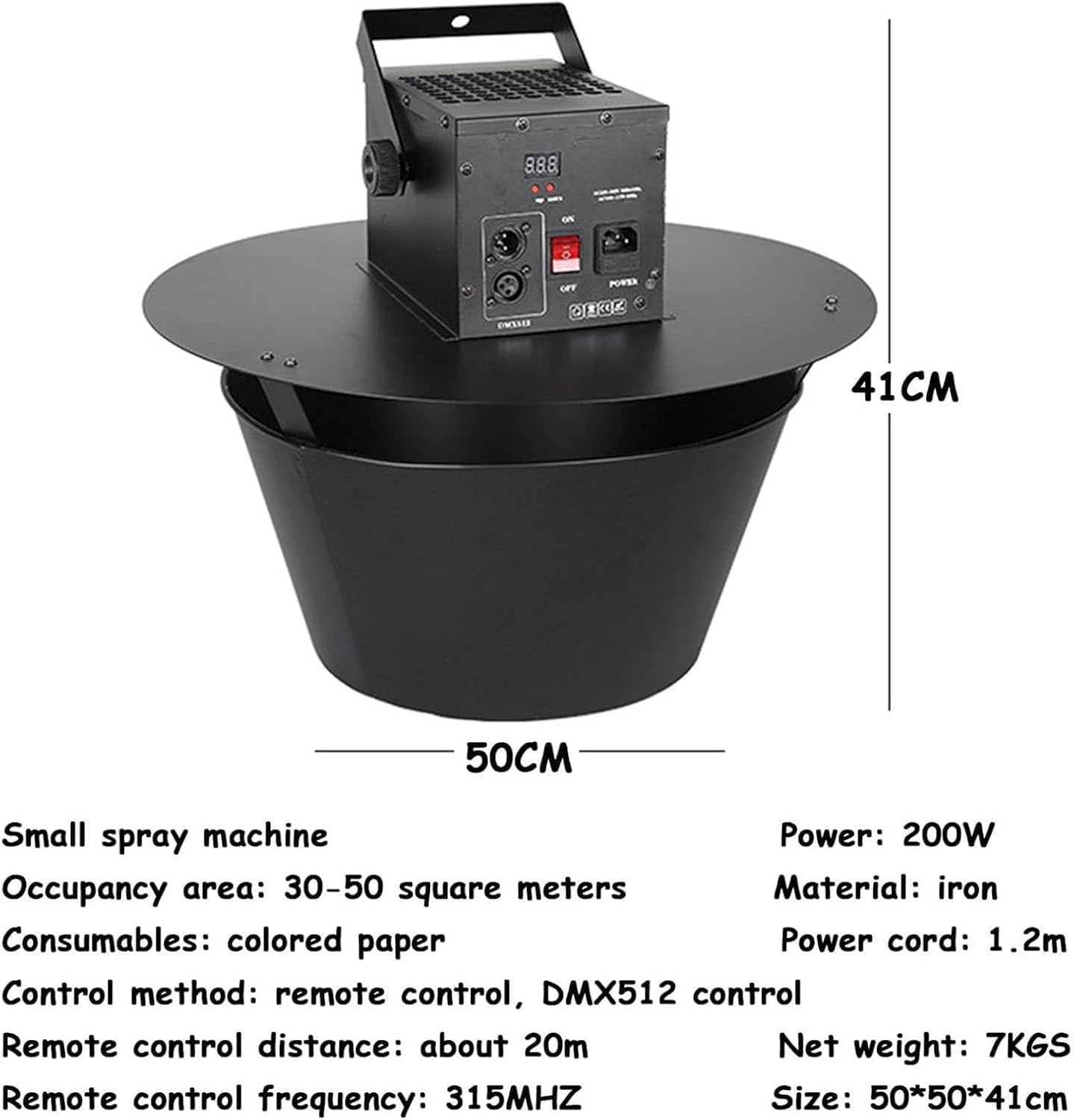 Elektryczna wyrzutnia konfetti weselna o mocy 200 W z zasobnikiem 1 kg, pilotem zdalnego sterowania i regulowanym przepływem powietrza, do efektów scenicznych