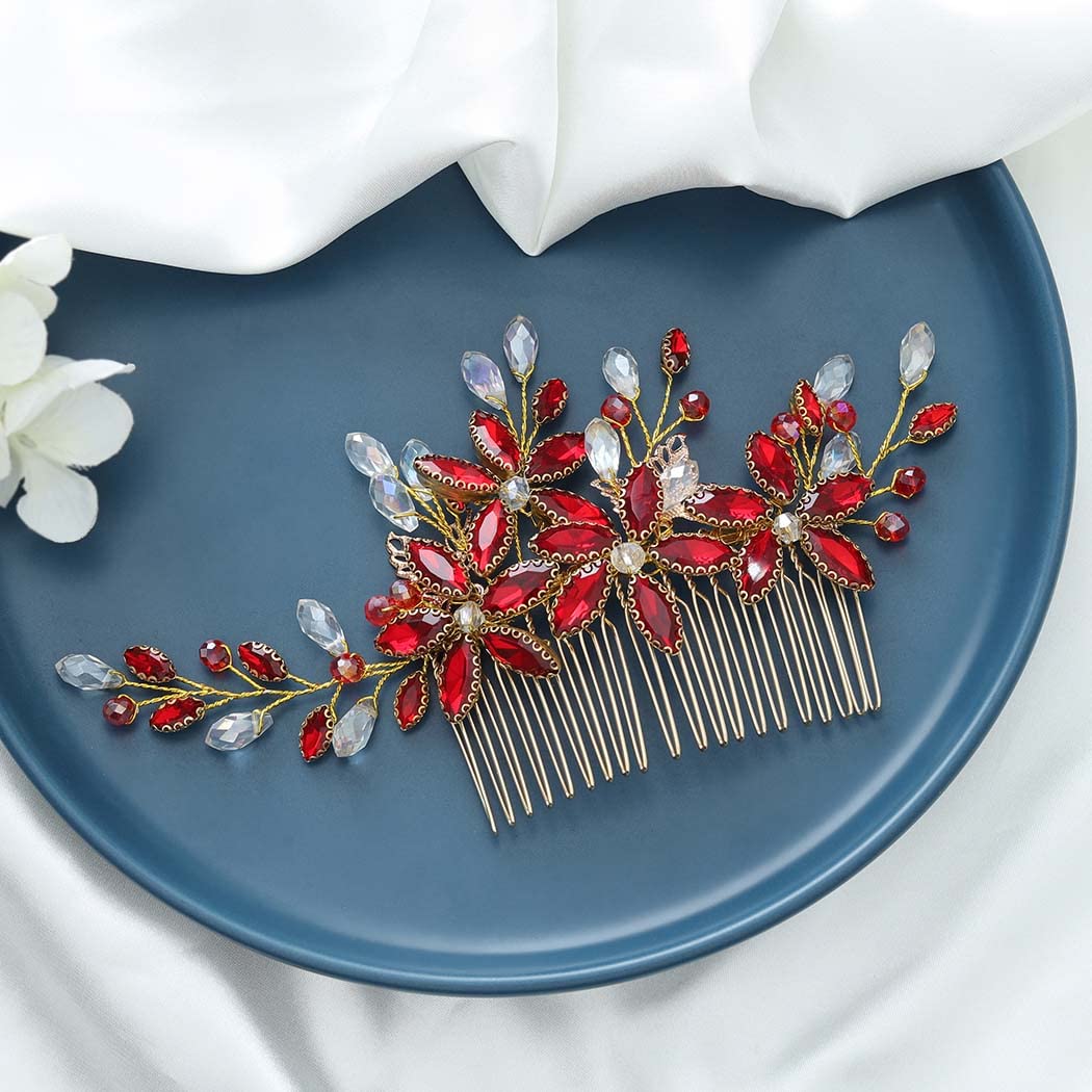 IYOU Sposa Nozze Pettine per Capelli Strass Rosso Pezzo di capelli Fiore Ballo Studentesco Festa Copricapo Accessori per Donne