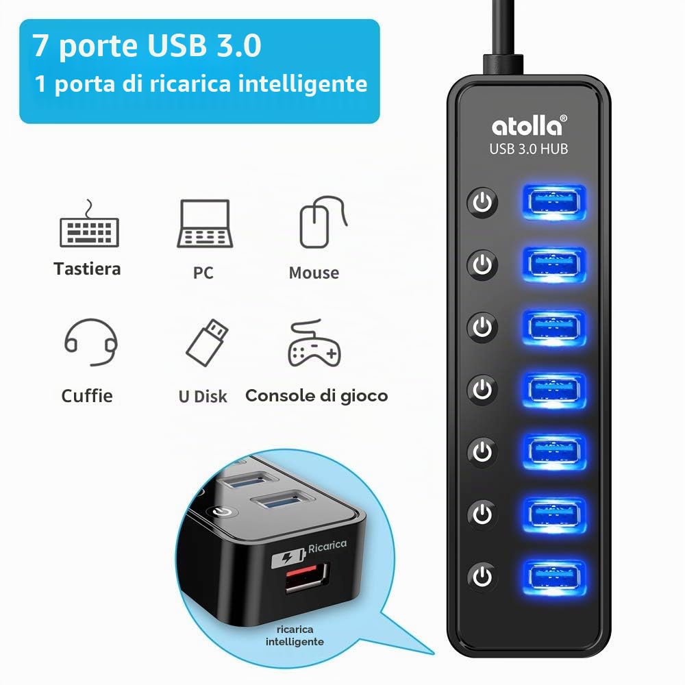 Atolla Hub USB 3.0 7 Porte alimentato Multi Porta USB + 1 Porto ricarica intelligente con Tasti di Accensione/Spegnimento e LED illuminata e adattatore di alimentazione(nero)