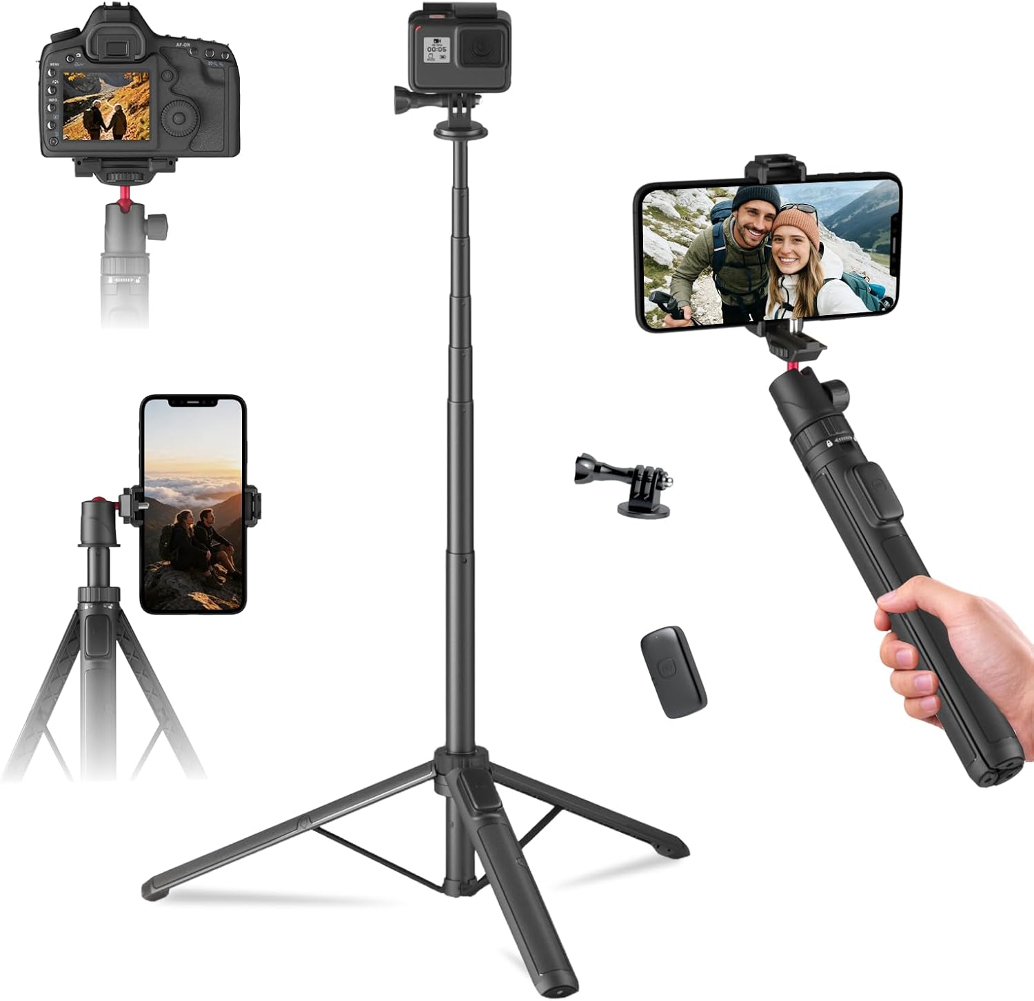 KINGJOY 66" Phone Tripod & Camera Selfie Stick, Lightweight Travel Stand with Lockable Base, 360° Ball Head, Cold Shoe and Wireless Remote, Expandable to 66.2" for Vlogging & Photography