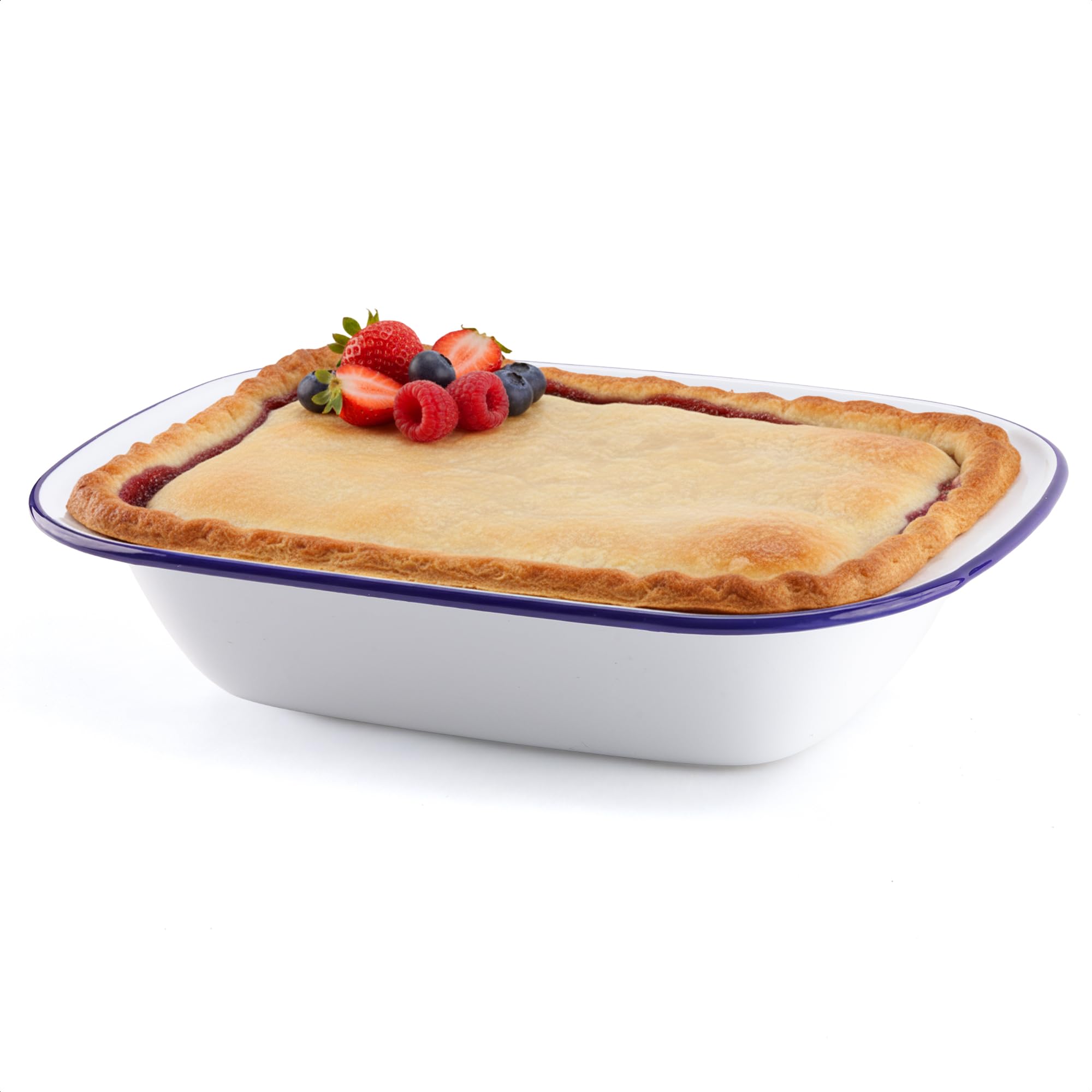 Winsome White With Blue Rim Enamel White Pie Dish | Dishwasher Safe Roasting Tin | Pudding Baking & Steak | Enamel Oven & Stove Tray (L 30 X W 22.5 X D 6.5 Cm)