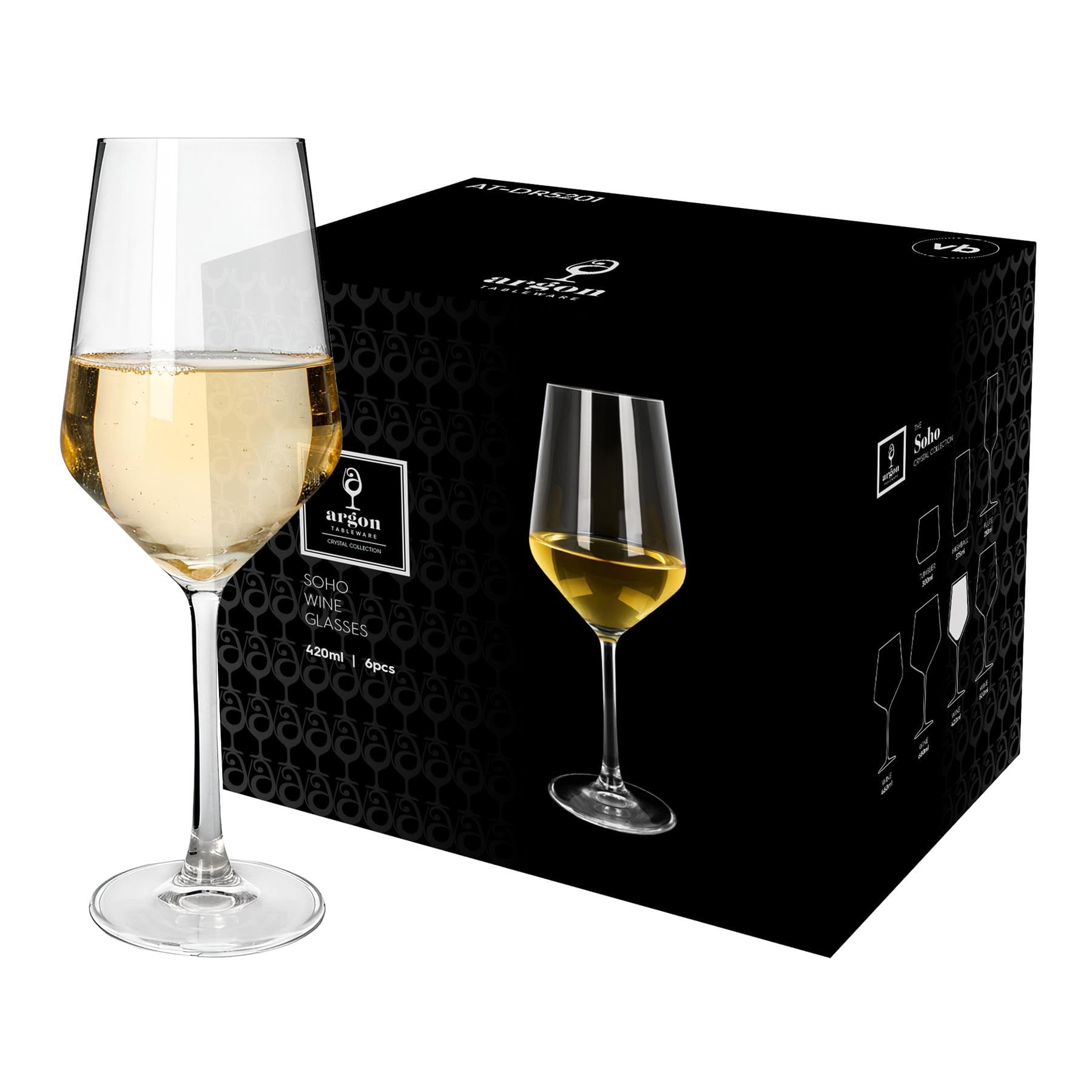 Argon Tableware Soho Crystal White Wine Glasses 420ml - Pack of 24, Lead-Free Crystal Wine Glass Set, Modern Angular Tulip Bowl, Durable Pulled Stem, Gift Boxed Glassware for Home & Bar