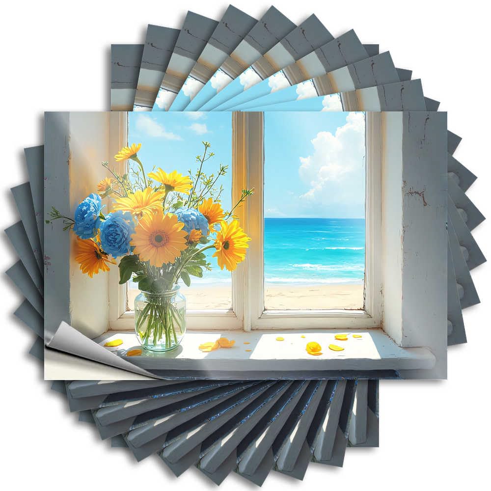 Men Decor Autumn Tattoo - Beachside Serenity: Flowers By The Sea Removable Decal Hat Easy Peel for Diatomaceous(12X18CM)