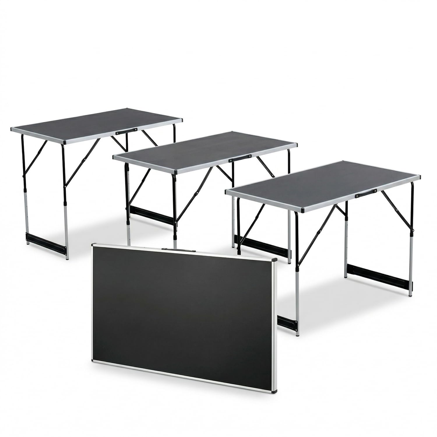 Tavolo Pieghevole Set da 3 con 4 Altezze Regolabili, Struttura in Alluminio e Piano in MDF, per Campeggio, Giardino ed Eventi, Leggero, Salvaspazio e Facile da Trasportare